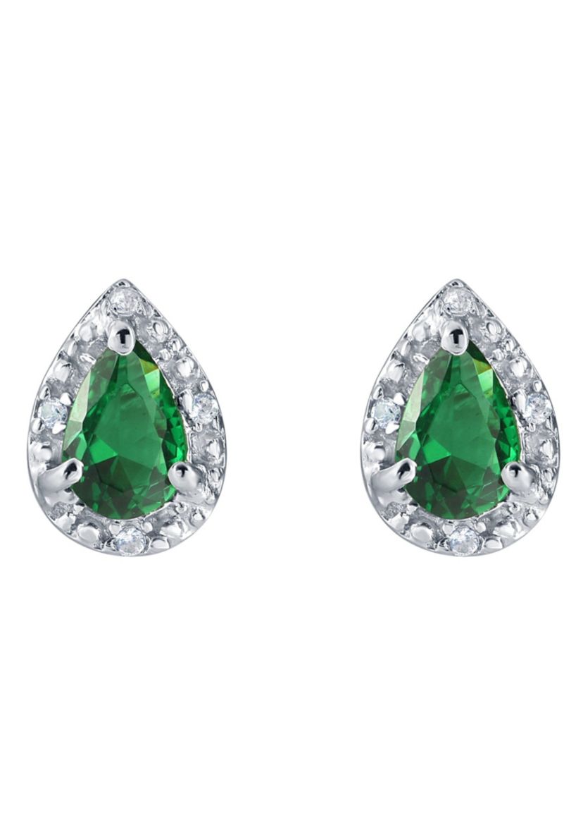 Lab Created Sterling Silver 6x4mm Pear Shape Simulated Emerald And Created White Sapphire Stud Earrings