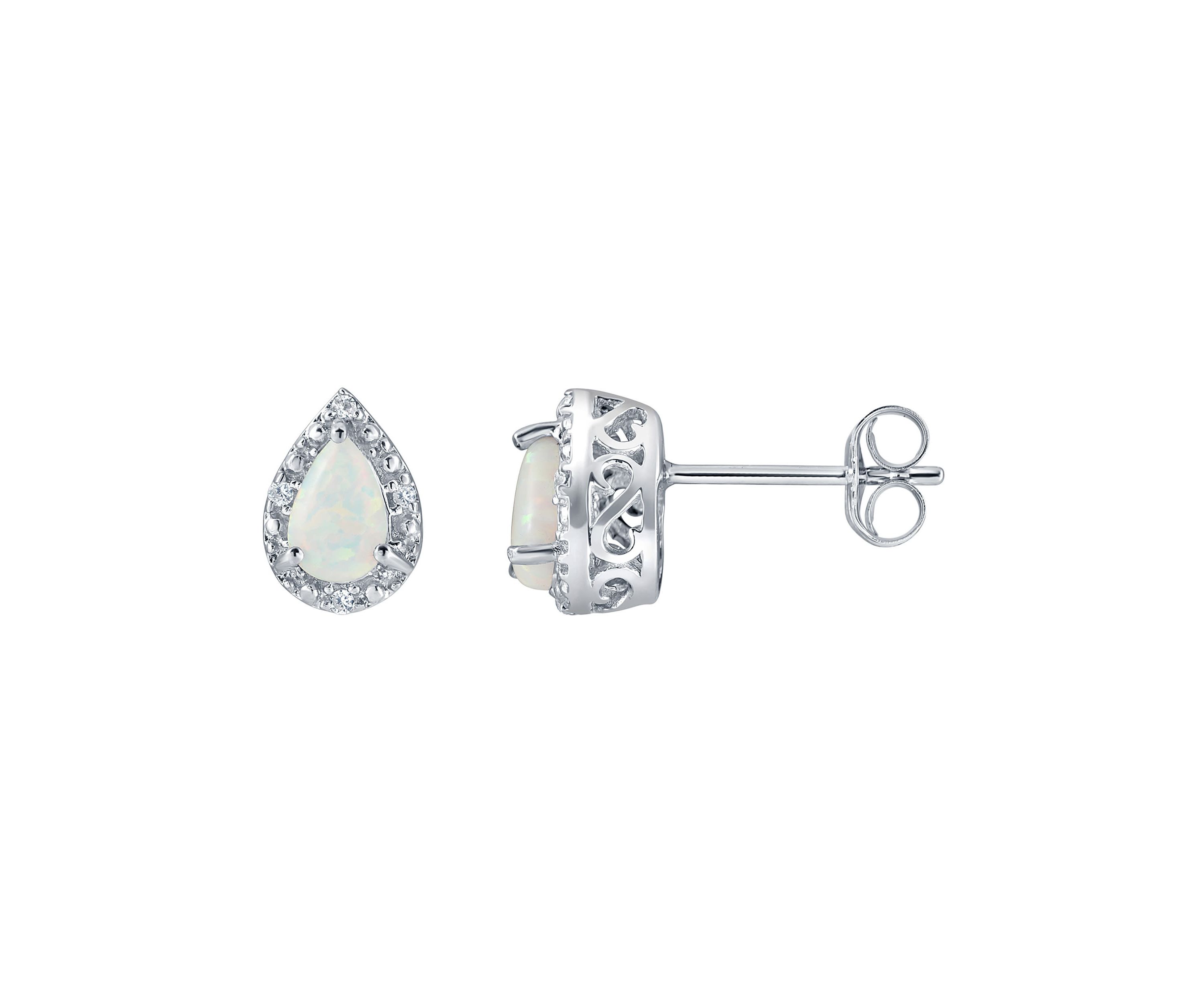 Lab Created Sterling Silver 6x4mm Pear Shape Created Opal And Created White Sapphire Stud Earrings