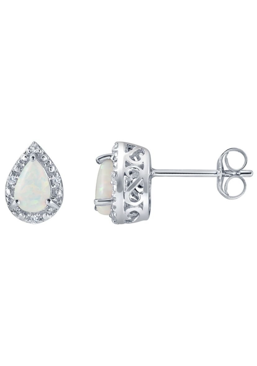 Lab Created Sterling Silver 6x4mm Pear Shape Created Opal And Created White Sapphire Stud Earrings
