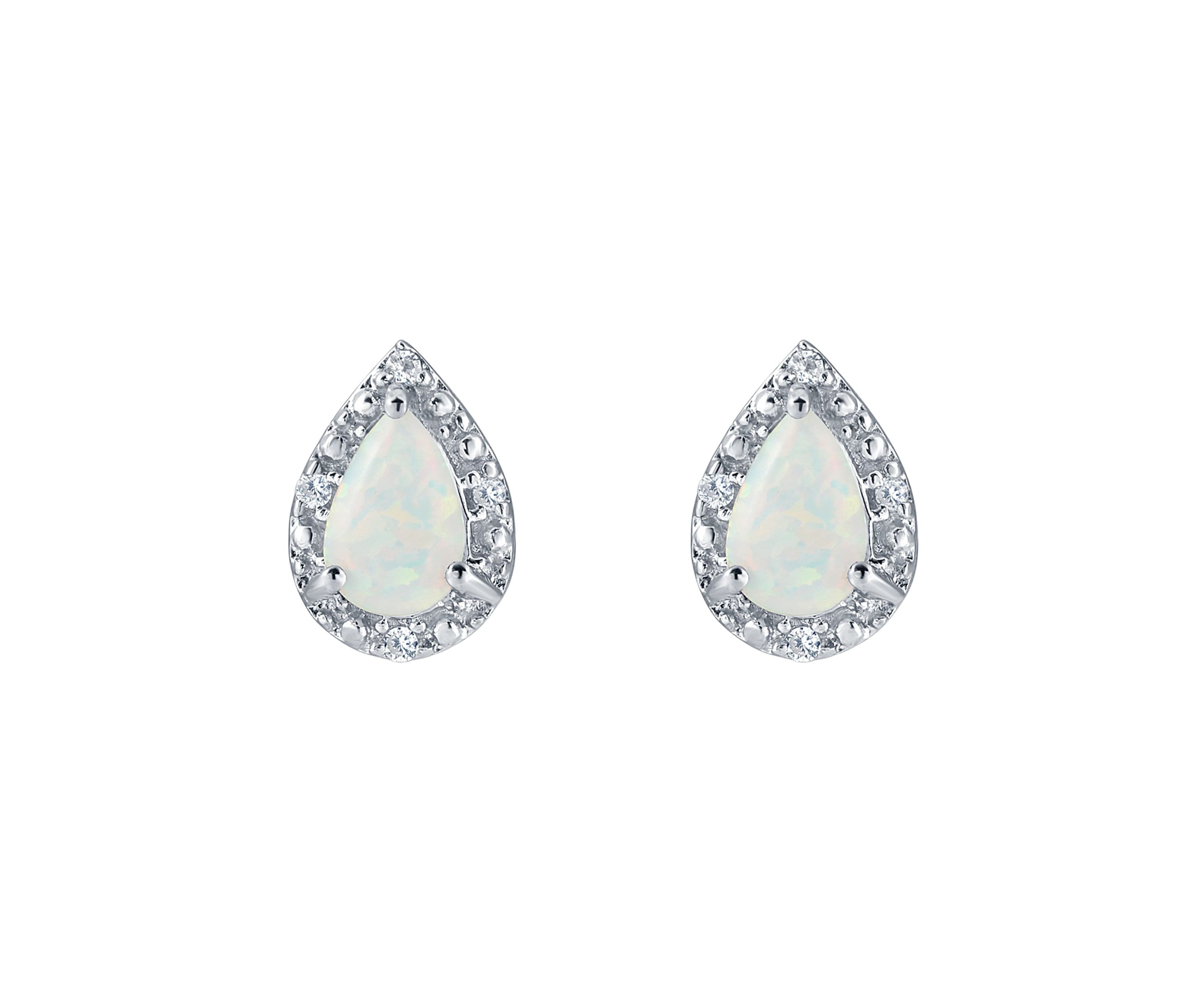 Lab Created Sterling Silver 6x4mm Pear Shape Created Opal And Created White Sapphire Stud Earrings