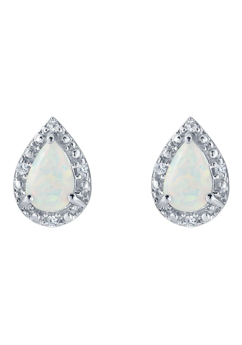 Lab Created Sterling Silver 6x4mm Pear Shape Created Opal And Created White Sapphire Stud Earrings