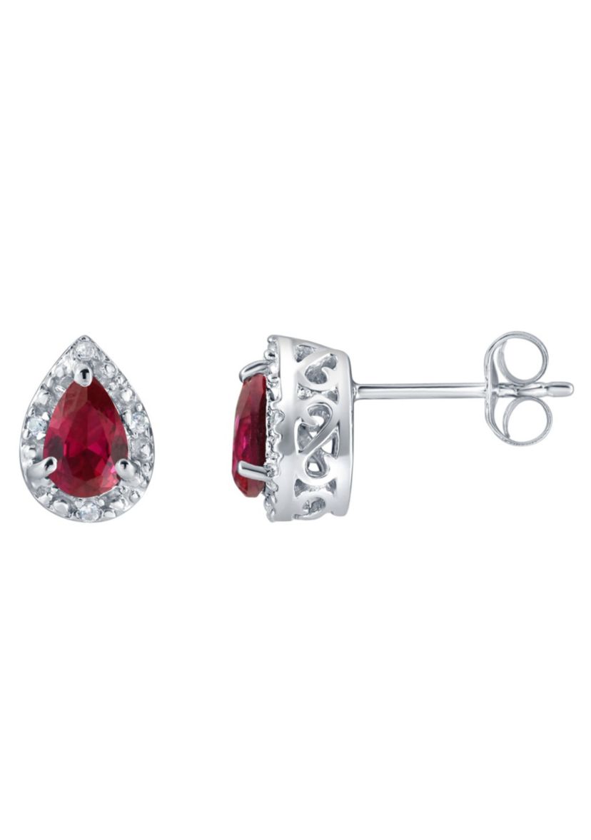 Lab Created Sterling Silver 6x4mm Pear Shape Created Ruby And Created White Sapphire Stud Earrings