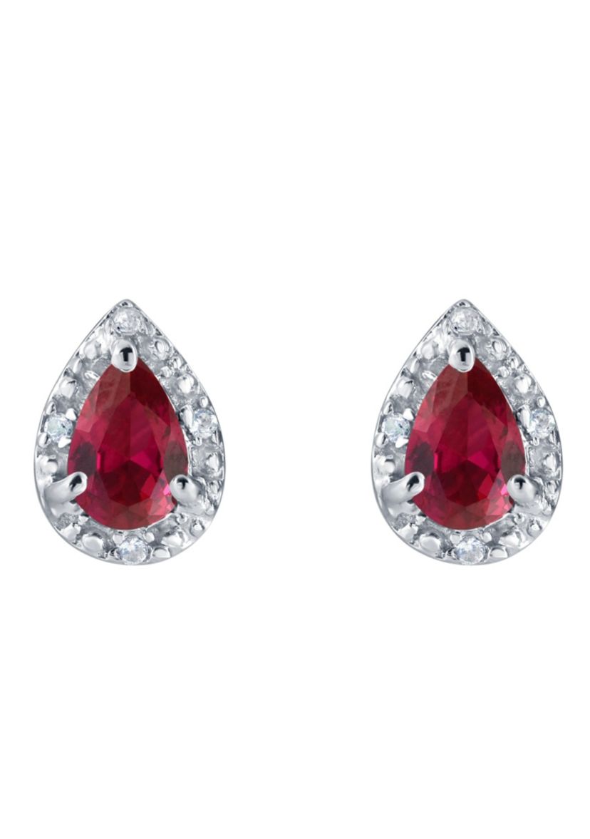 Lab Created Sterling Silver 6x4mm Pear Shape Created Ruby And Created White Sapphire Stud Earrings