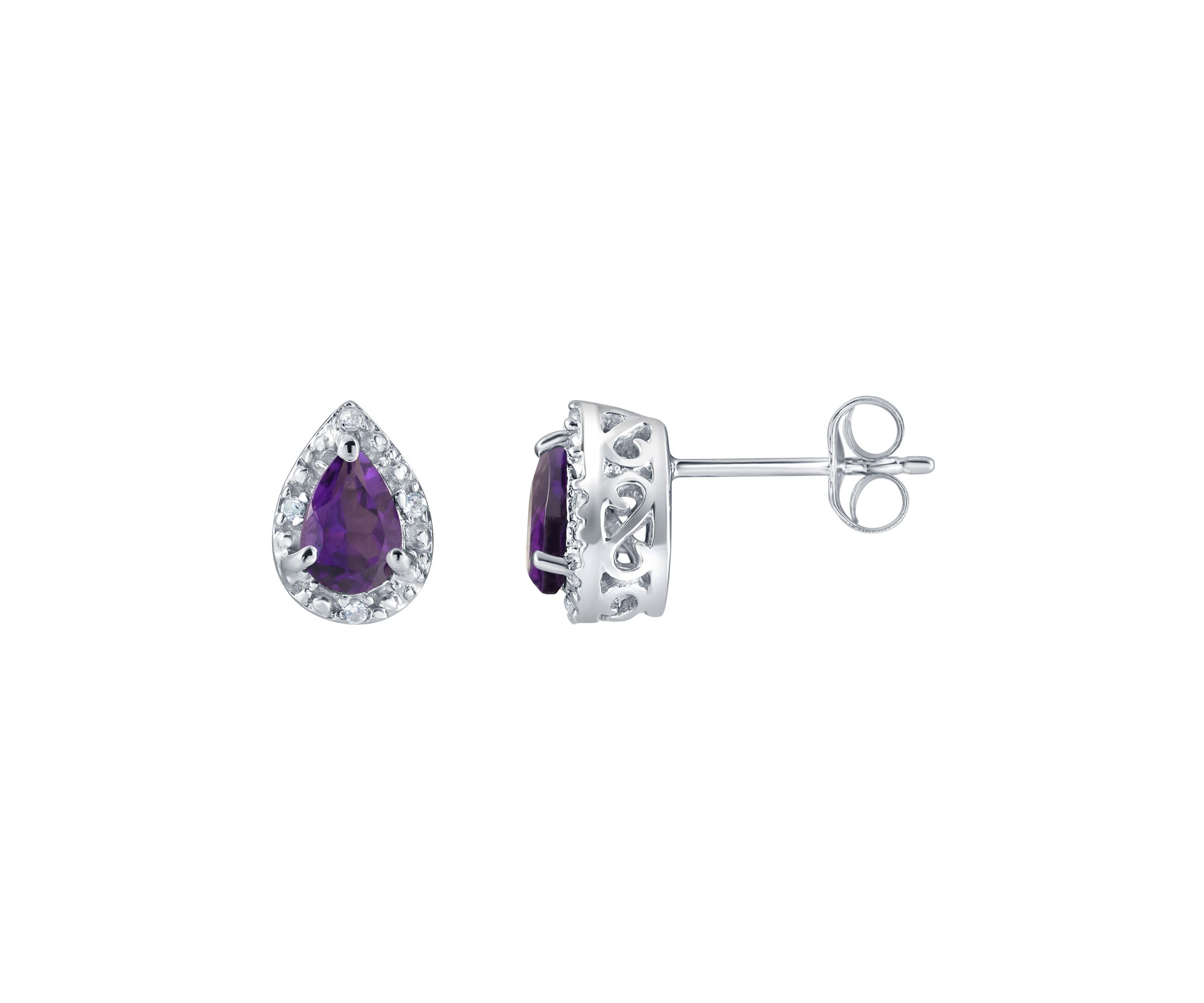 Sterling Silver 6x4mm Pear Shape Amethyst And Created White Sapphire Stud Earrings