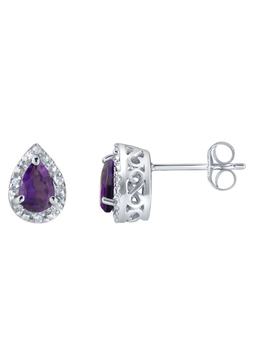 Sterling Silver 6x4mm Pear Shape Amethyst And Created White Sapphire Stud Earrings
