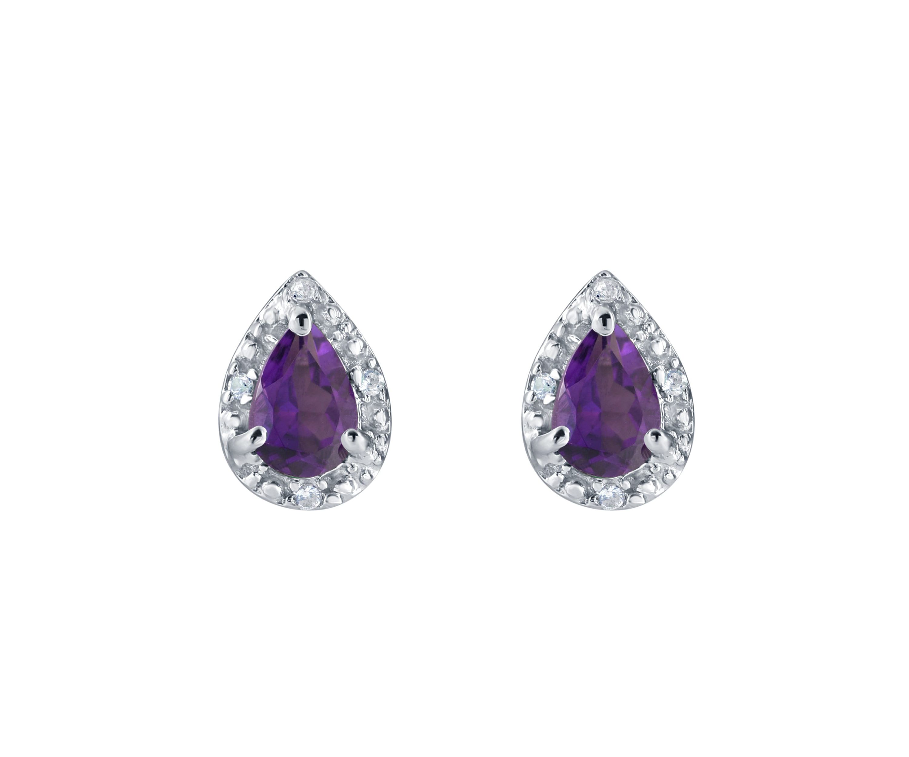 Sterling Silver 6x4mm Pear Shape Amethyst And Created White Sapphire Stud Earrings