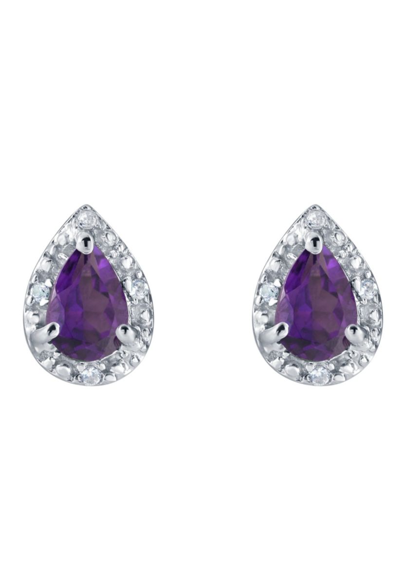 Sterling Silver 6x4mm Pear Shape Amethyst And Created White Sapphire Stud Earrings