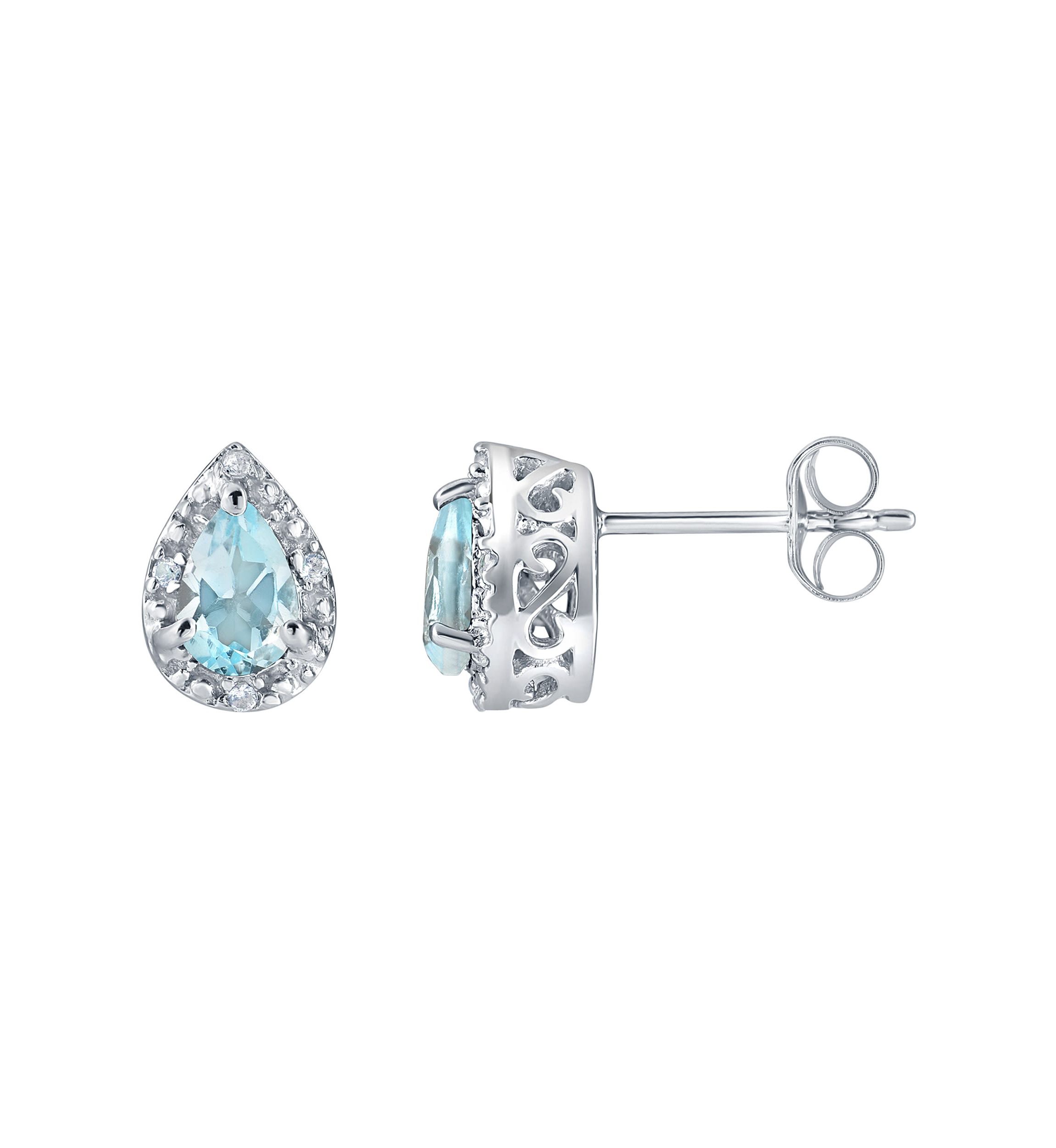 Sterling Silver 6x4mm Pear Shape Blue Topaz And Created White Sapphire Stud Earrings