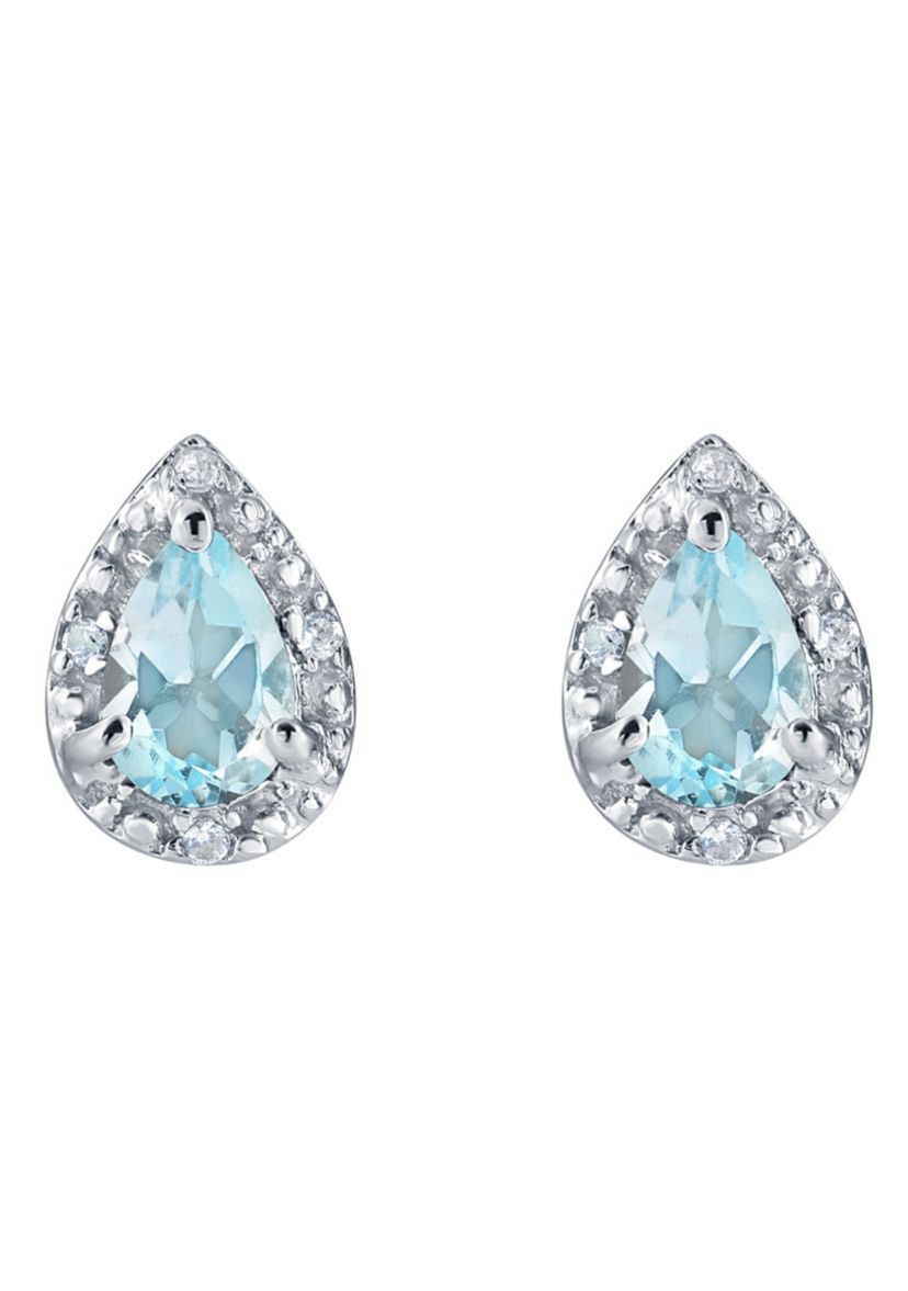 Sterling Silver 6x4mm Pear Shape Blue Topaz And Created White Sapphire Stud Earrings