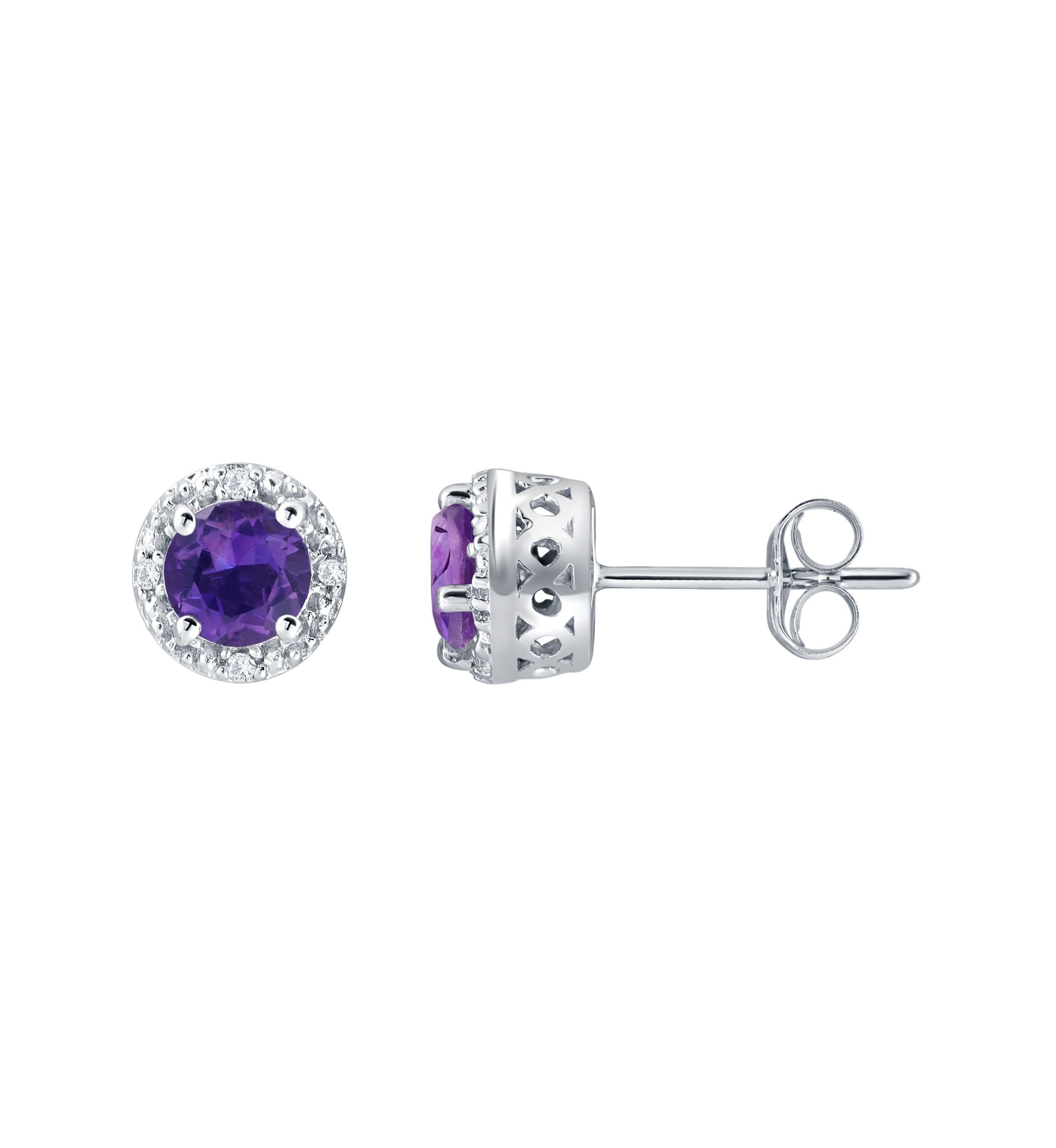 Sterling Silver 5mm Round Amethyst And Created White Sapphire Stud Earrings