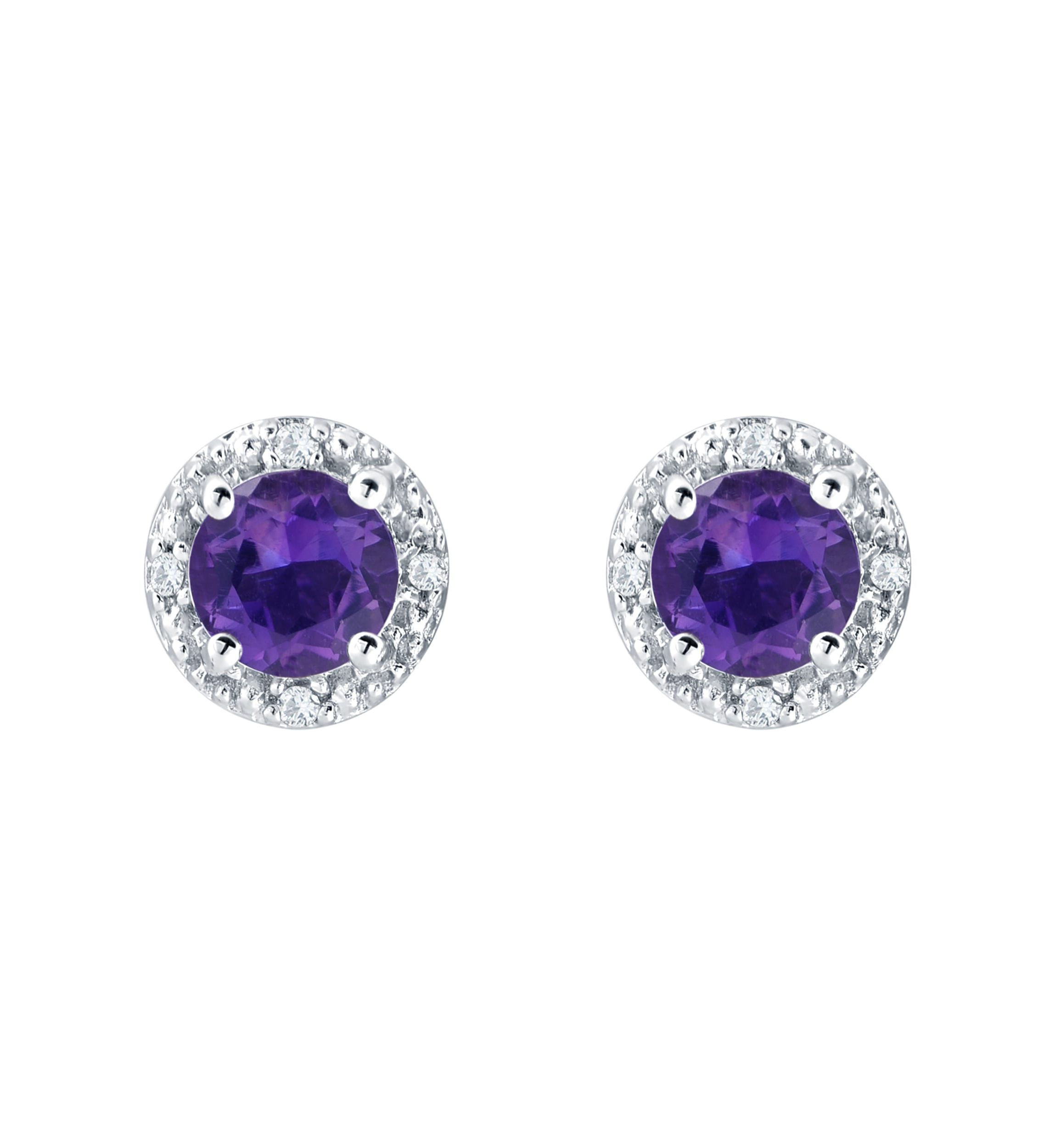 Sterling Silver 5mm Round Amethyst And Created White Sapphire Stud Earrings