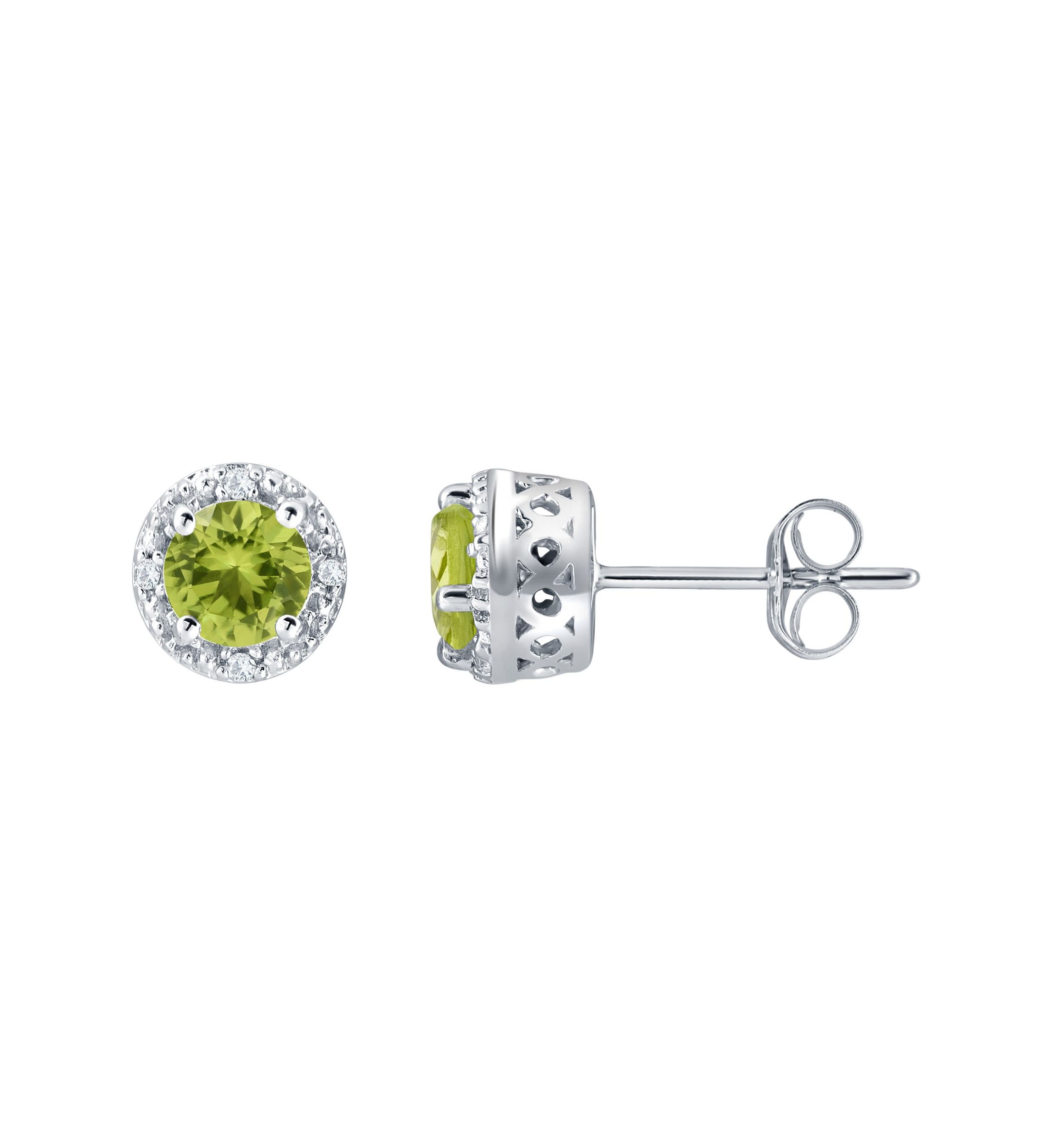 Sterling Silver 5mm Round Peridot And Created White Sapphire Stud Earrings