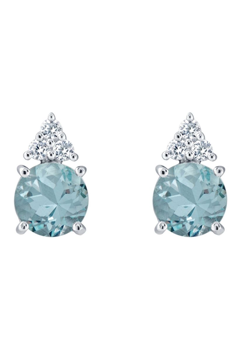 Lab Created Sterling Silver 7mm Round Simulated Aquamarine And Created White Sapphire Stud Earrings