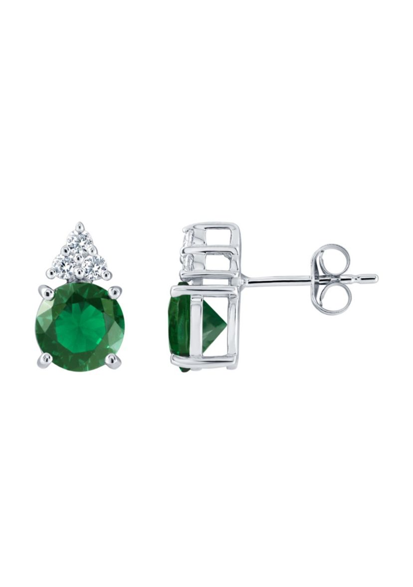Lab Created Sterling Silver 7mm Round Simulated Emerald And Created White Sapphire Stud Earrings