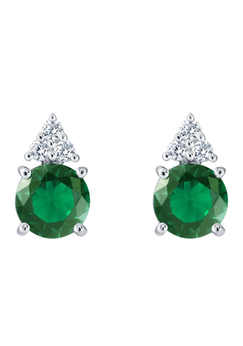 Lab Created Sterling Silver 7mm Round Simulated Emerald And Created White Sapphire Stud Earrings