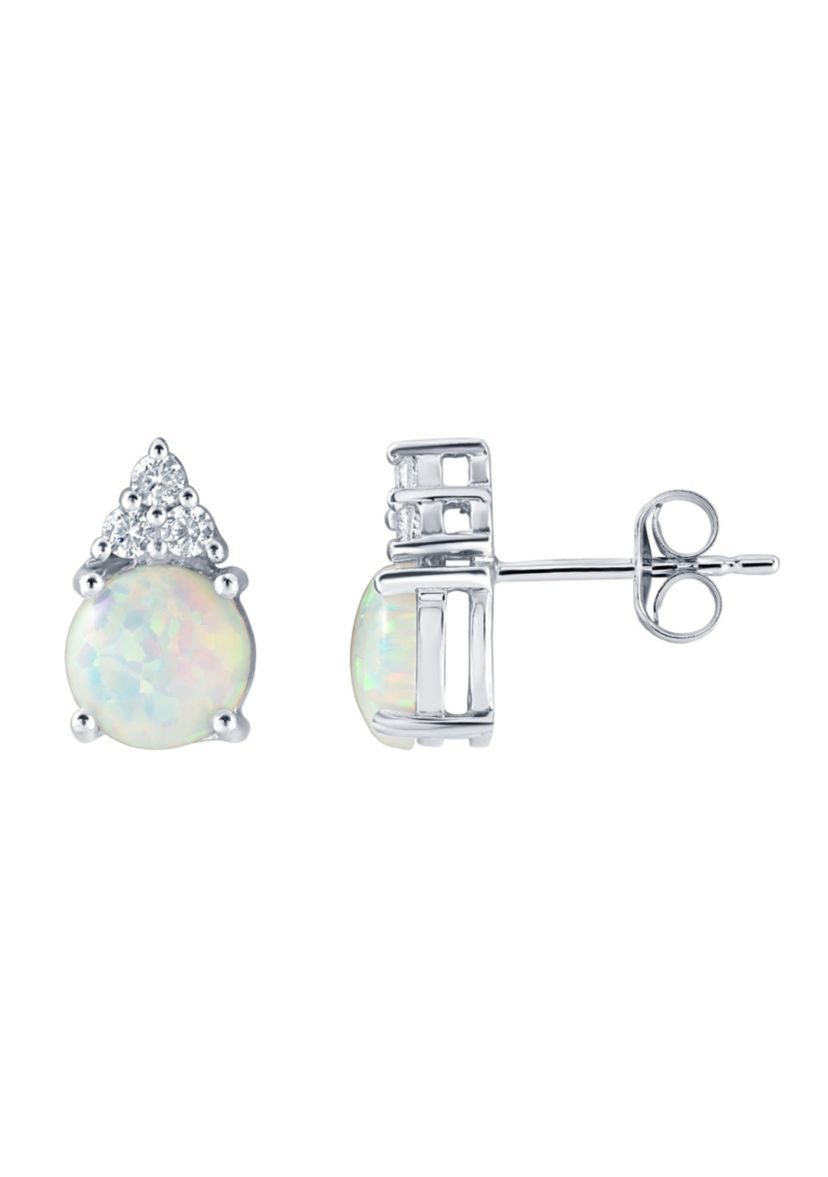 Lab Created Sterling Silver 7mm Round Created Opal And Created White Sapphire Stud Earrings