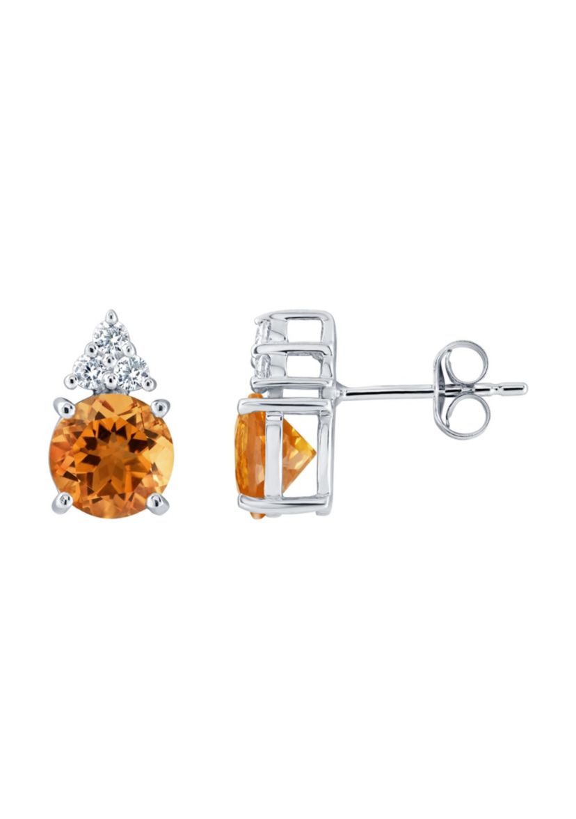 Sterling Silver 7mm Round Citrine And Created White Sapphire Stud Earrings