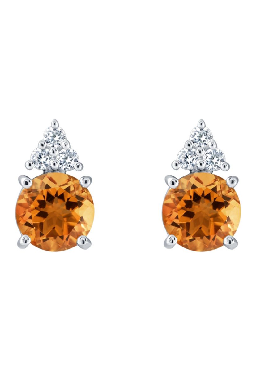 Sterling Silver 7mm Round Citrine And Created White Sapphire Stud Earrings