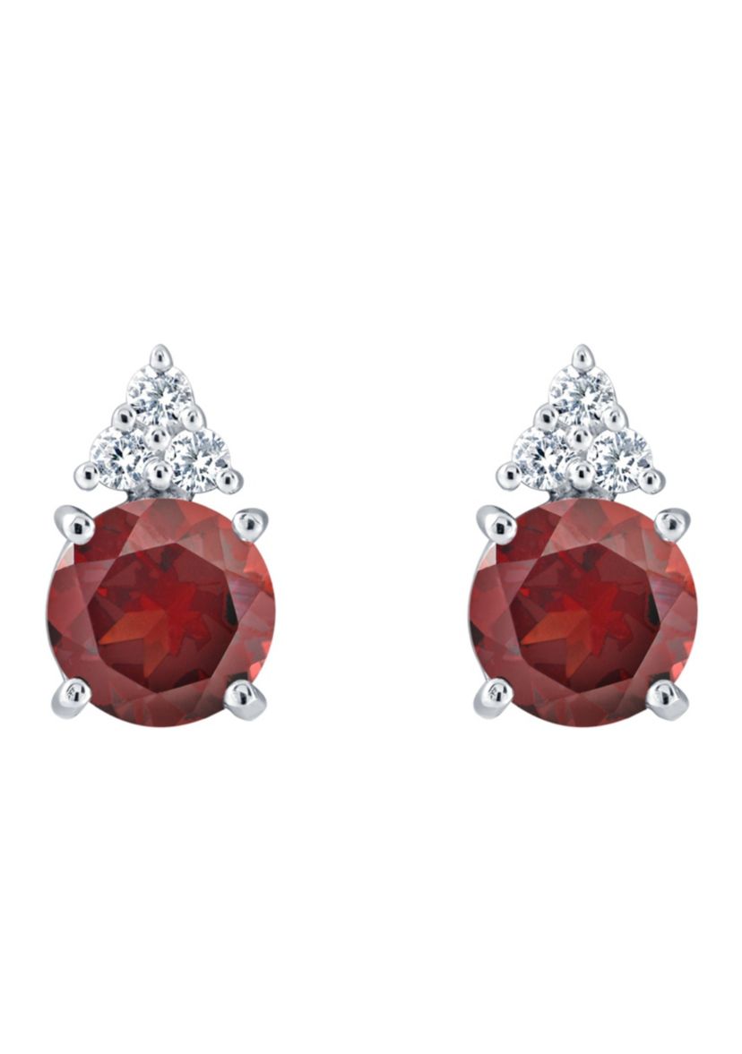 Sterling Silver 7mm Round Garnet And Created White Sapphire Stud Earrings