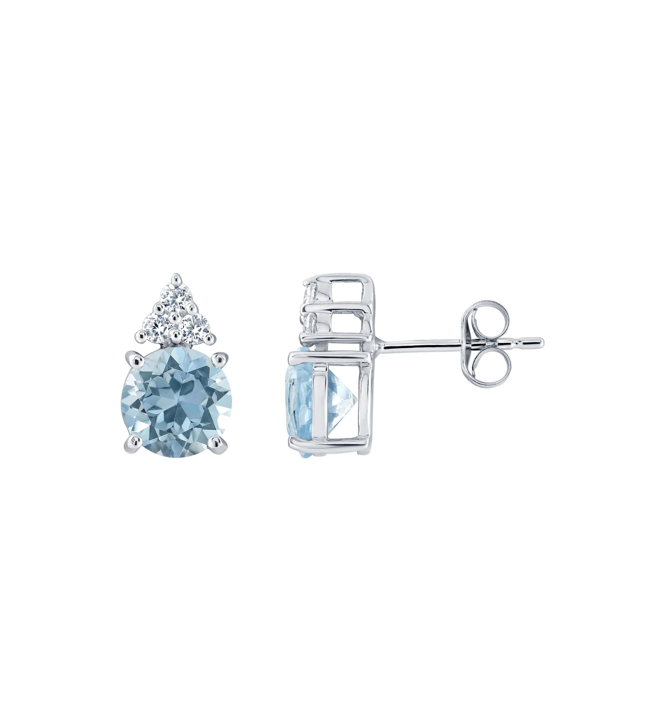 Sterling Silver 7mm Round Blue Topaz And Created White Sapphire Stud Earrings