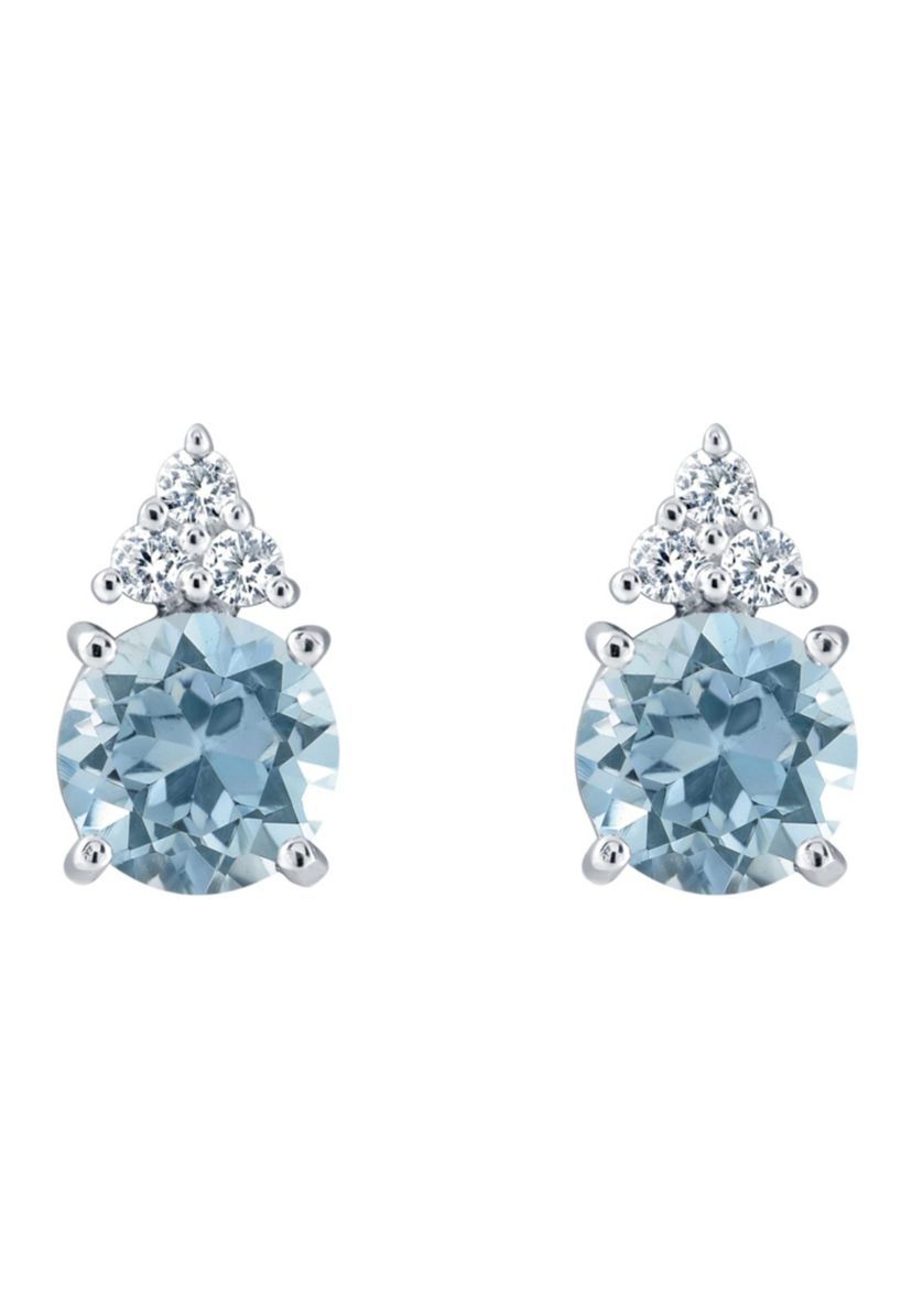Sterling Silver 7mm Round Blue Topaz And Created White Sapphire Stud Earrings