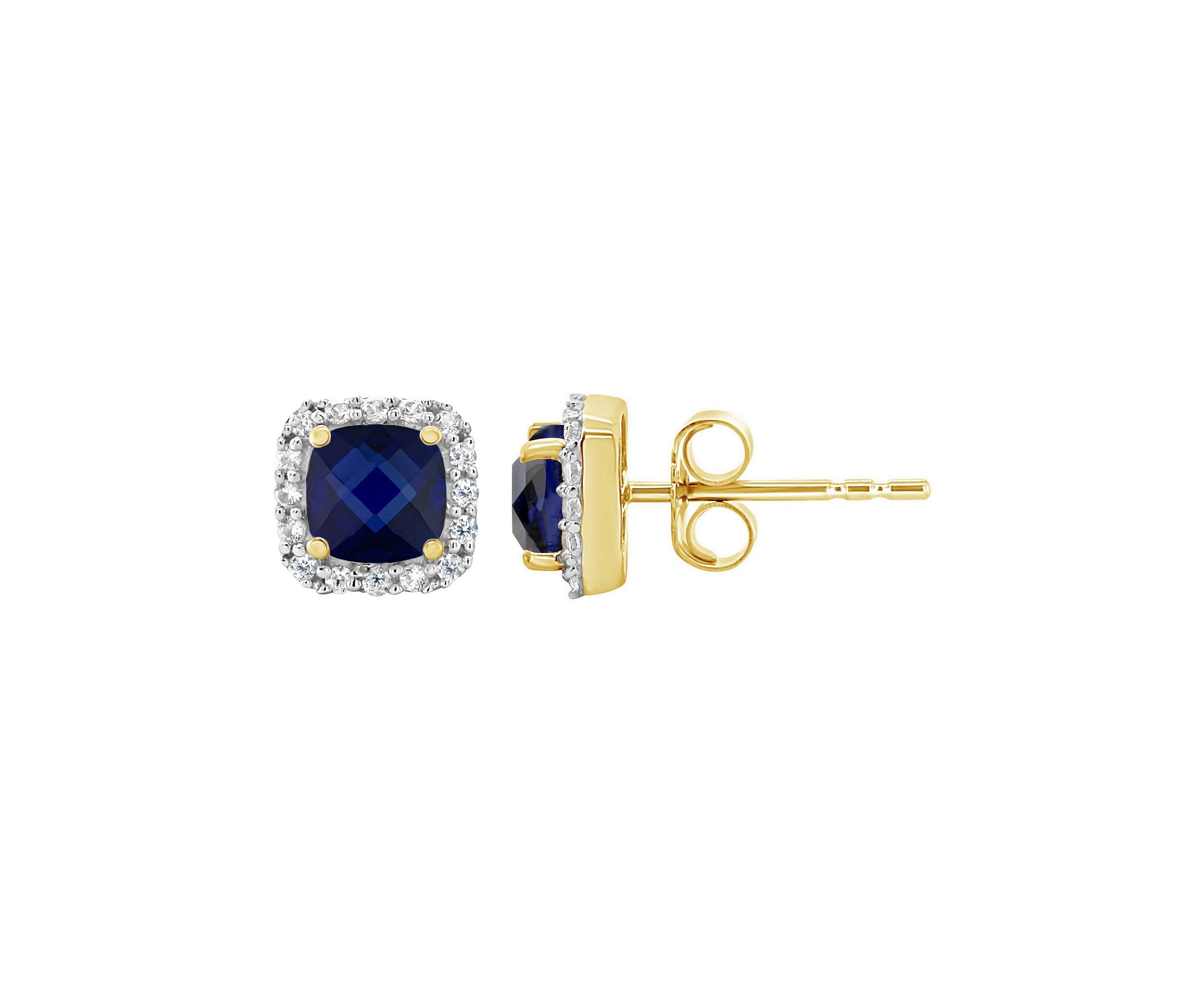 Lab Created 10K Yellow Gold 5mm Cushion Created Sapphire And Created White Sapphire Halo Stud Earrings