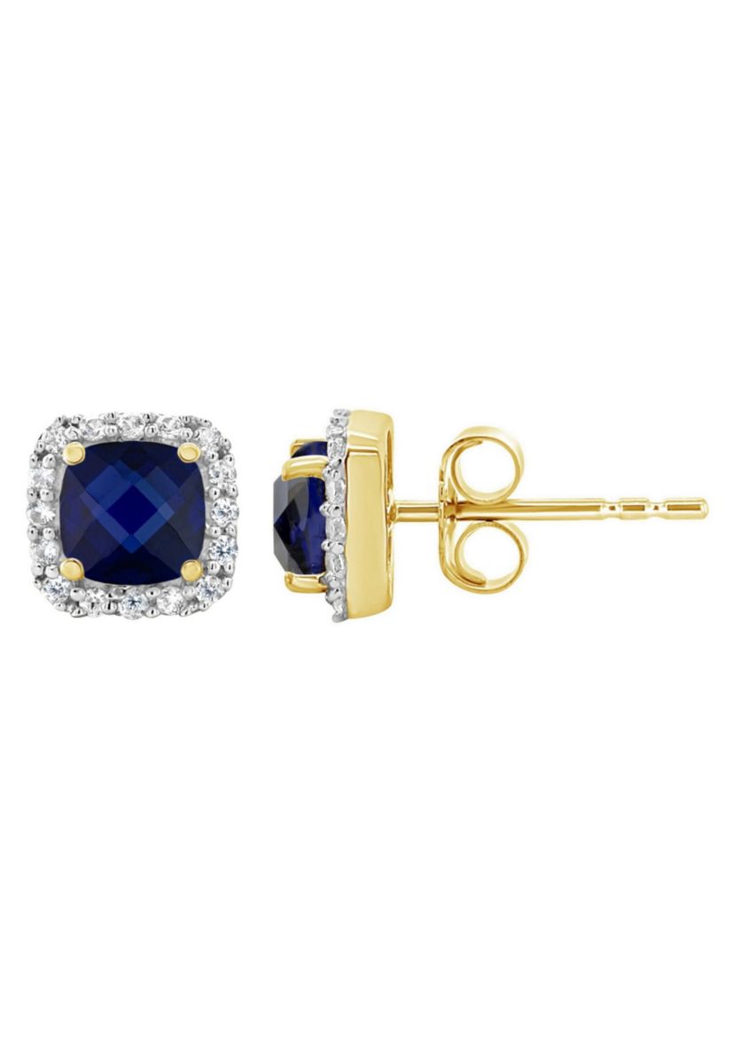 Lab Created 10K Yellow Gold 5mm Cushion Created Sapphire And Created White Sapphire Halo Stud Earrings