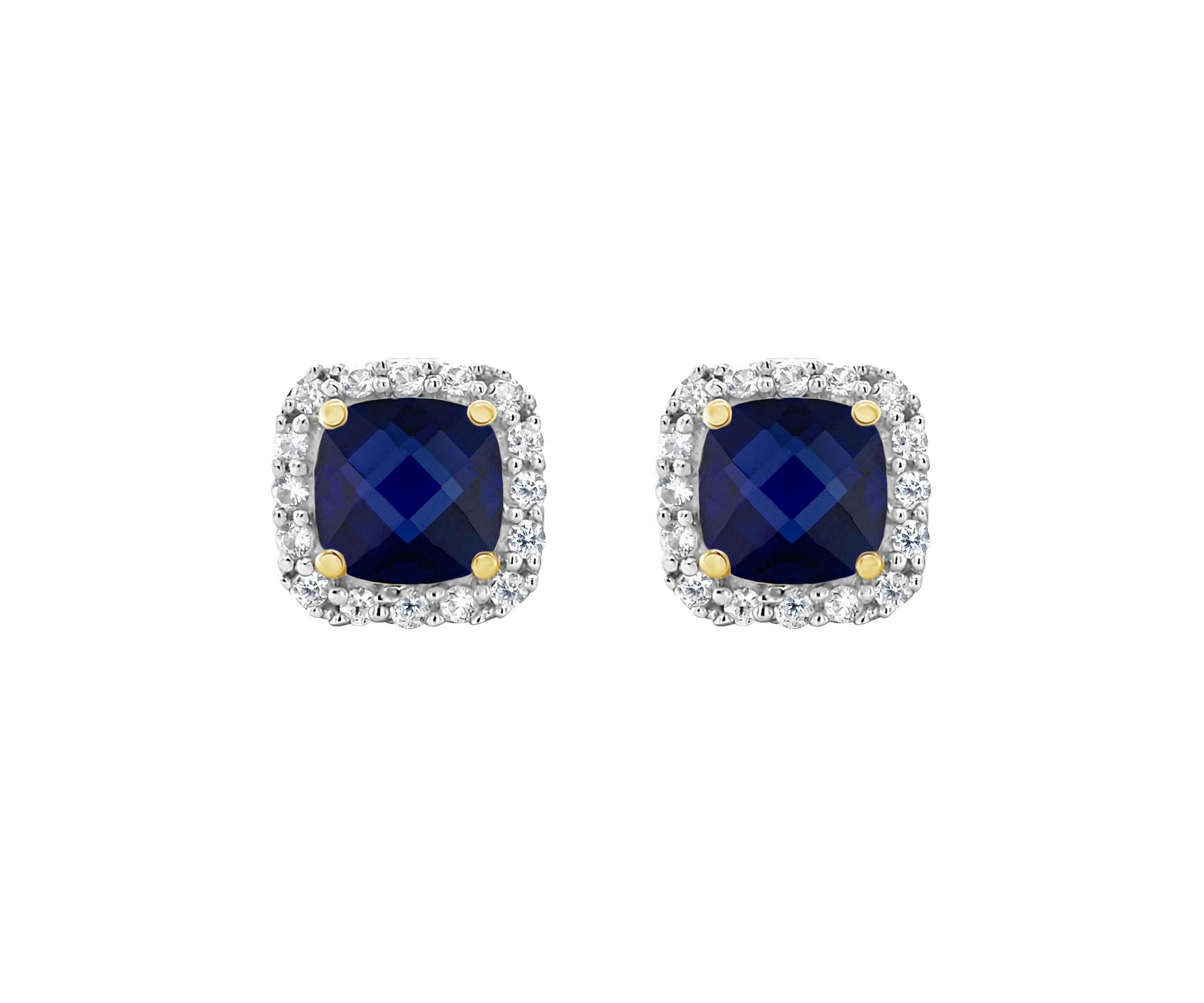 Lab Created 10K Yellow Gold 5mm Cushion Created Sapphire And Created White Sapphire Halo Stud Earrings