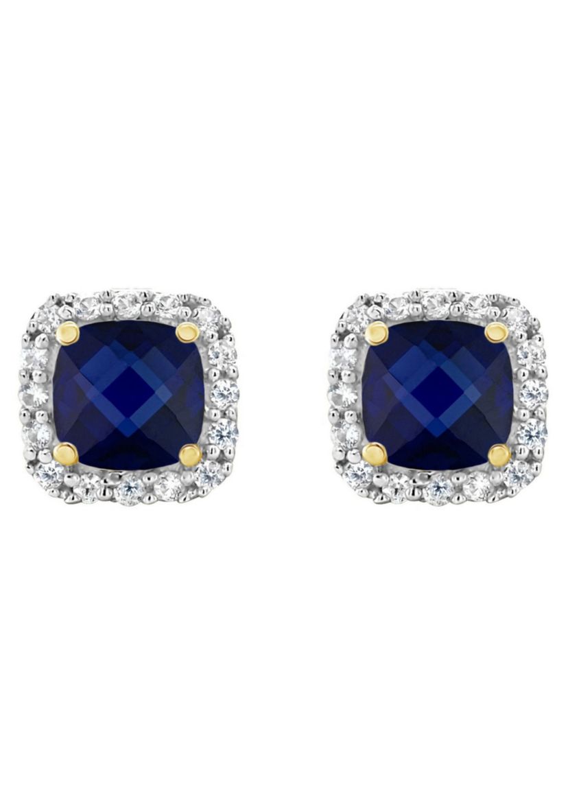 Lab Created 10K Yellow Gold 5mm Cushion Created Sapphire And Created White Sapphire Halo Stud Earrings