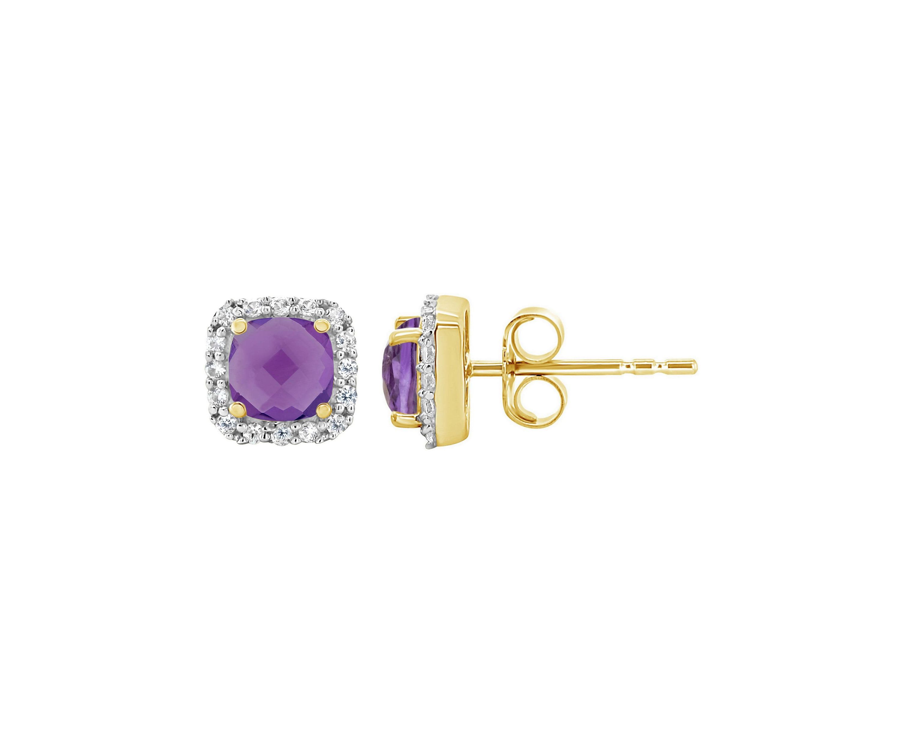 10K Yellow Gold 5mm Cushion Amethyst And Created White Sapphire Halo Stud Earrings
