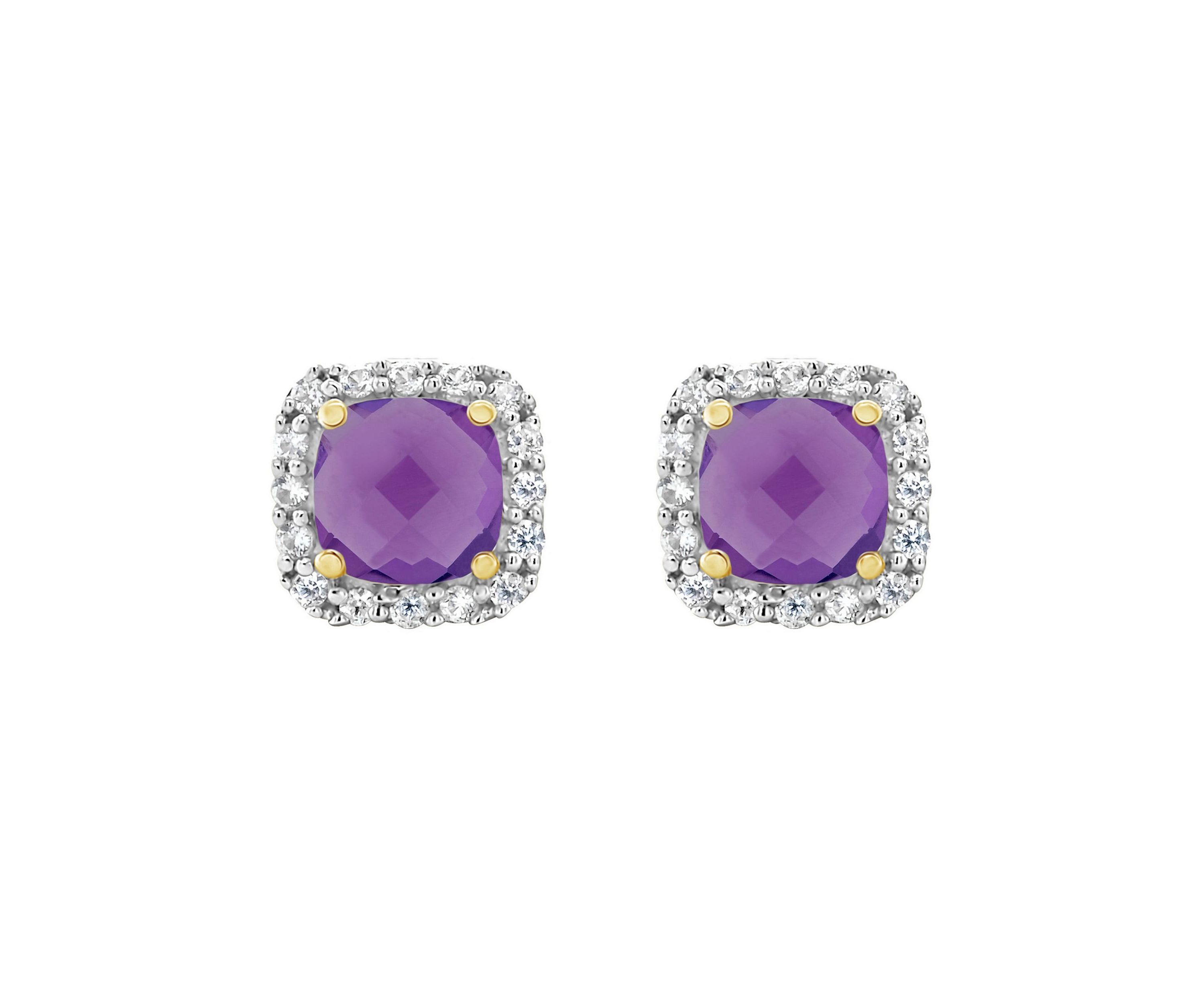 10K Yellow Gold 5mm Cushion Amethyst And Created White Sapphire Halo Stud Earrings