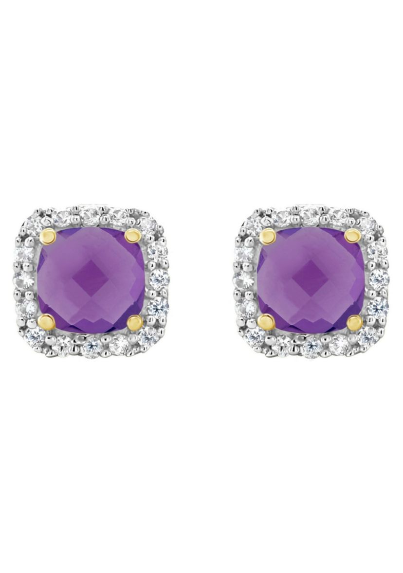 10K Yellow Gold 5mm Cushion Amethyst And Created White Sapphire Halo Stud Earrings
