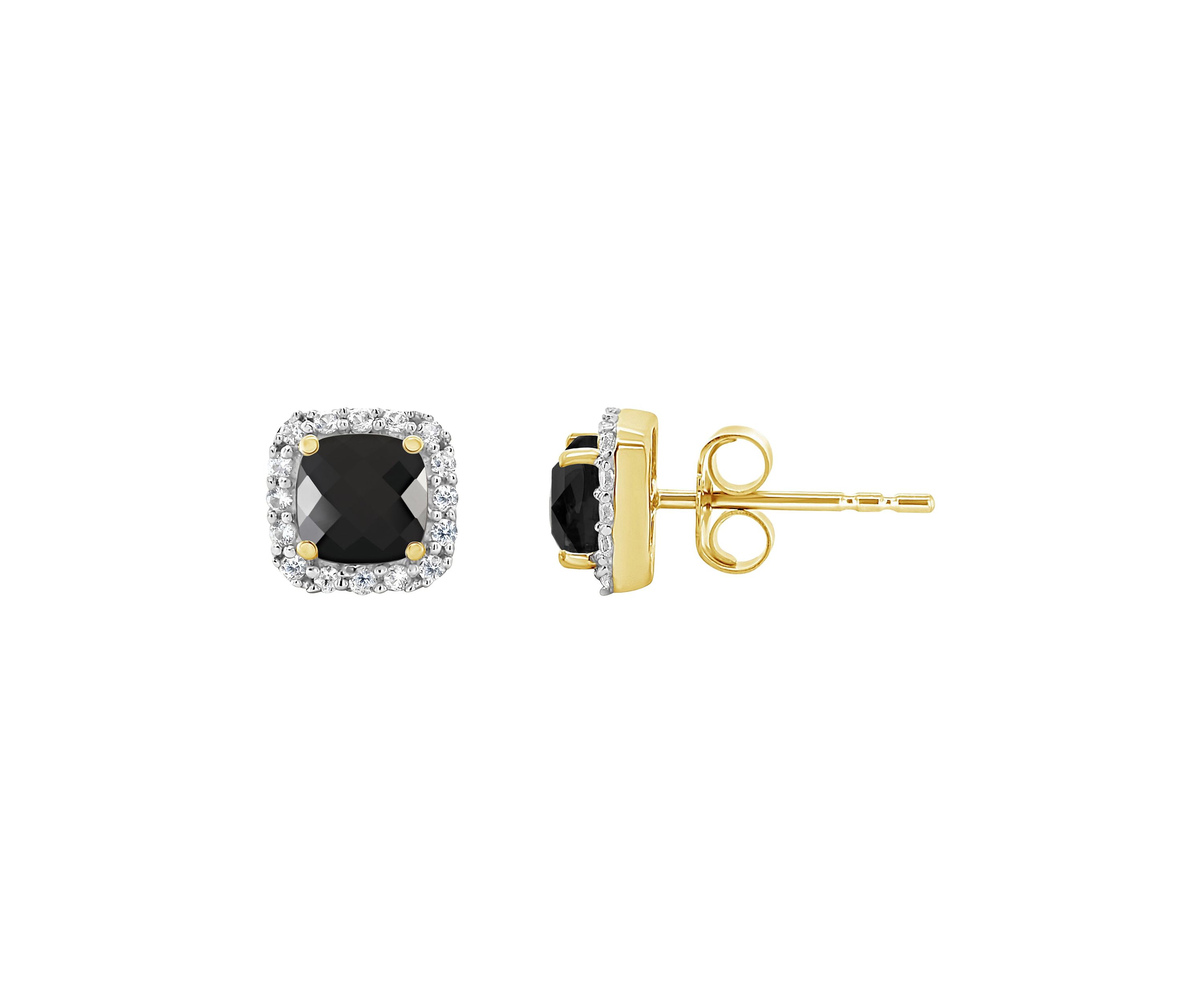 10K Yellow Gold 5mm Cushion Black Onyx And Created White Sapphire Halo Stud Earrings