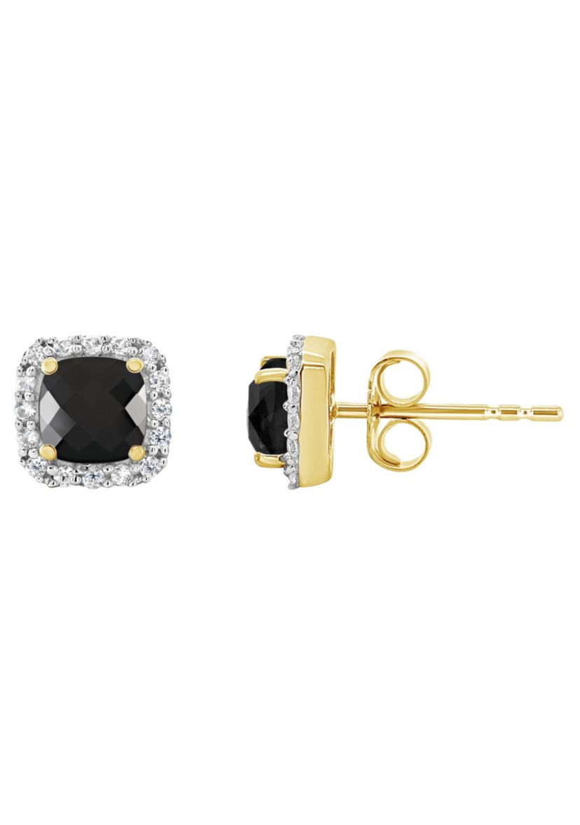 10K Yellow Gold 5mm Cushion Black Onyx And Created White Sapphire Halo Stud Earrings