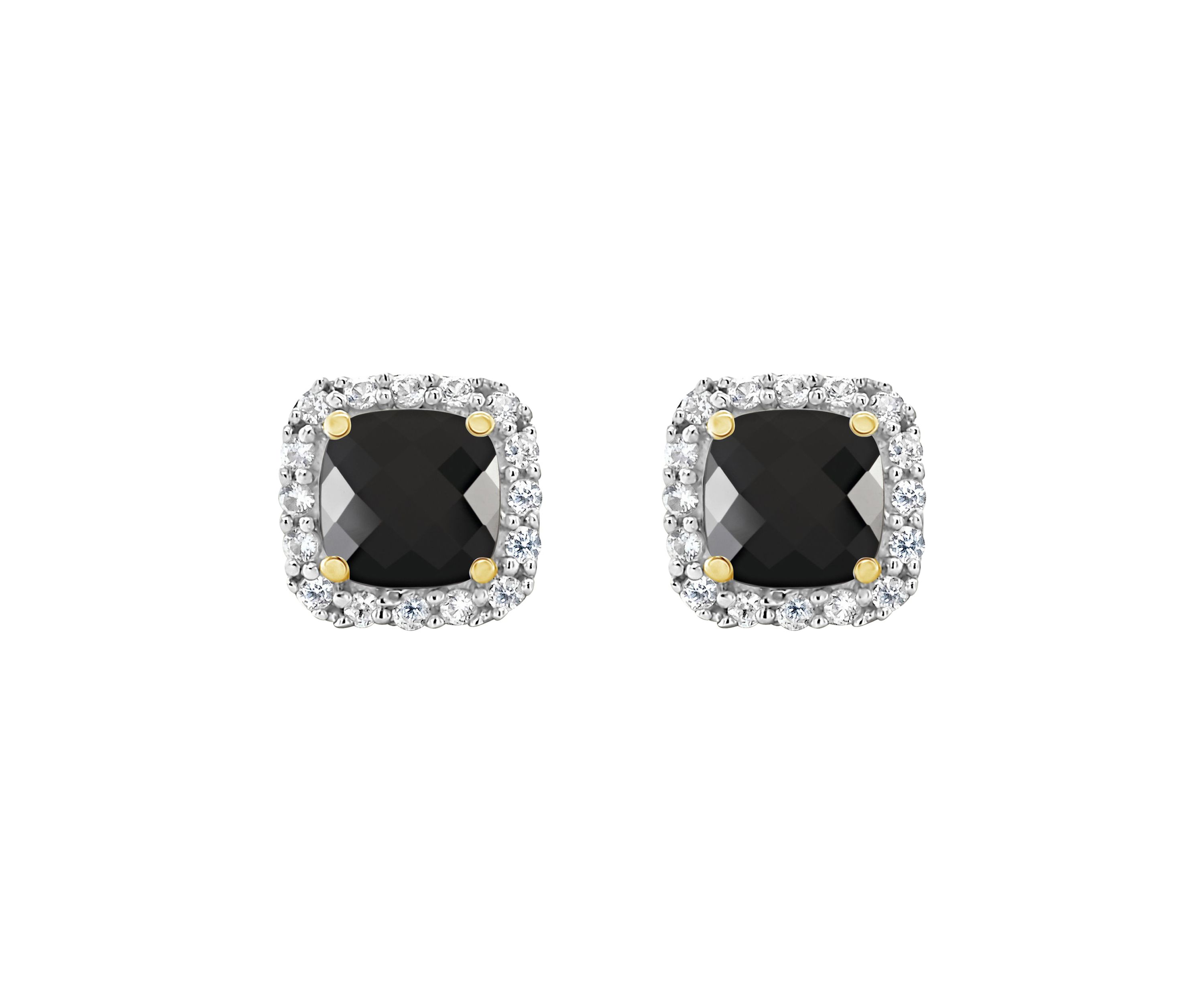 10K Yellow Gold 5mm Cushion Black Onyx And Created White Sapphire Halo Stud Earrings