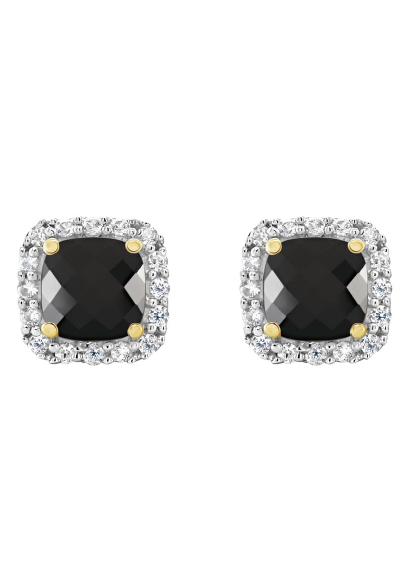 10K Yellow Gold 5mm Cushion Black Onyx And Created White Sapphire Halo Stud Earrings