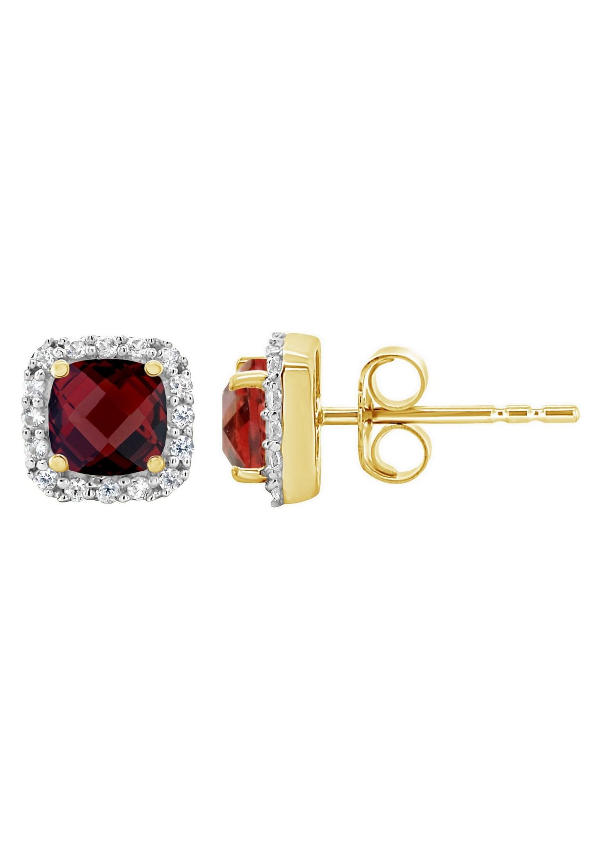 10K Yellow Gold 5mm Cushion Garnet And Created White Sapphire Halo Stud Earrings