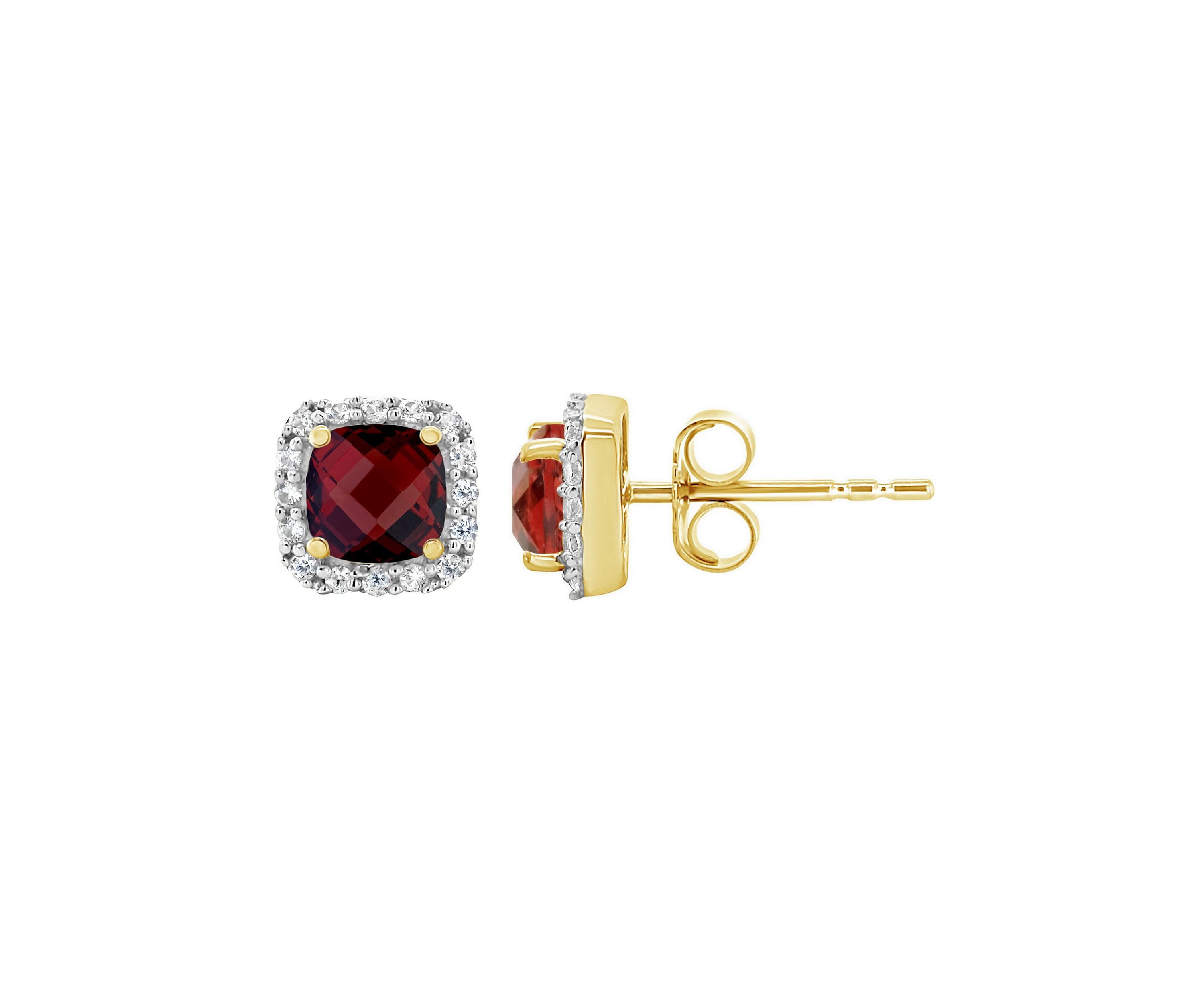 10K Yellow Gold 5mm Cushion Garnet And Created White Sapphire Halo Stud Earrings