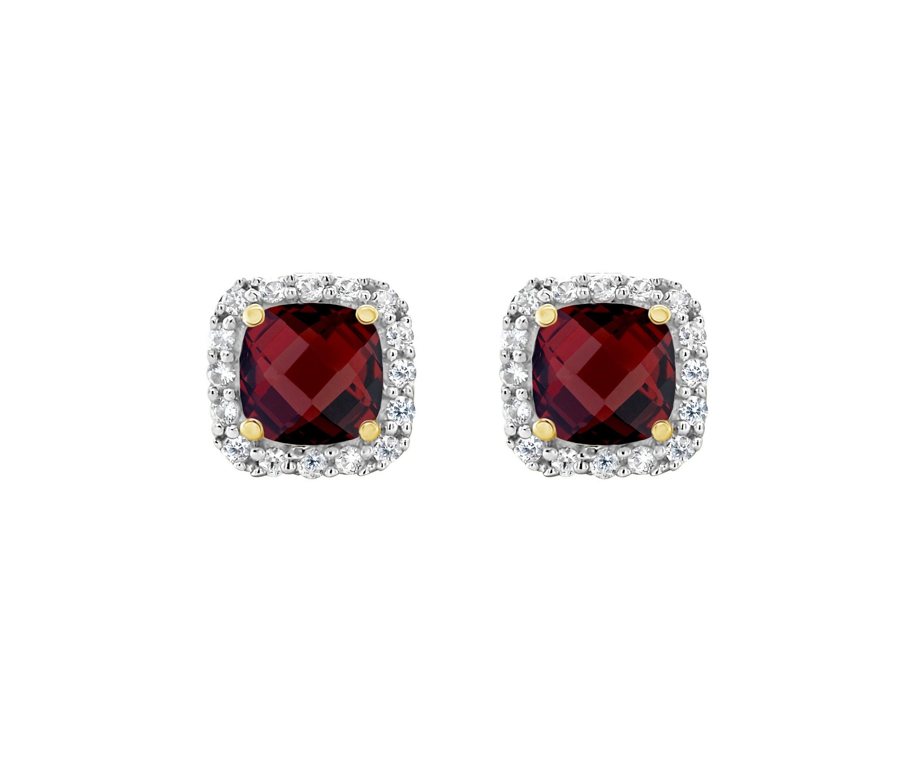 10K Yellow Gold 5mm Cushion Garnet And Created White Sapphire Halo Stud Earrings