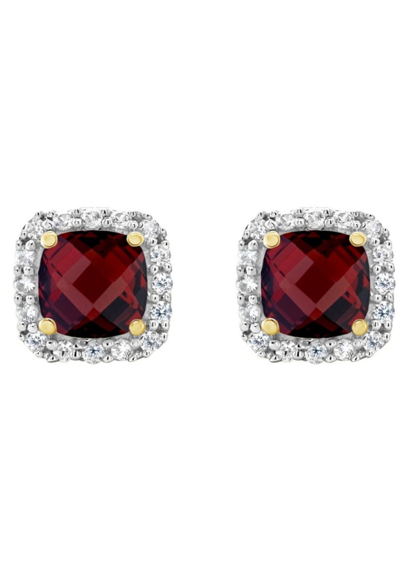 10K Yellow Gold 5mm Cushion Garnet And Created White Sapphire Halo Stud Earrings