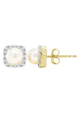 Belk & Co 10K Yellow Gold 5mm Round Pearl And Created White Sapphire Halo Stud Earrings