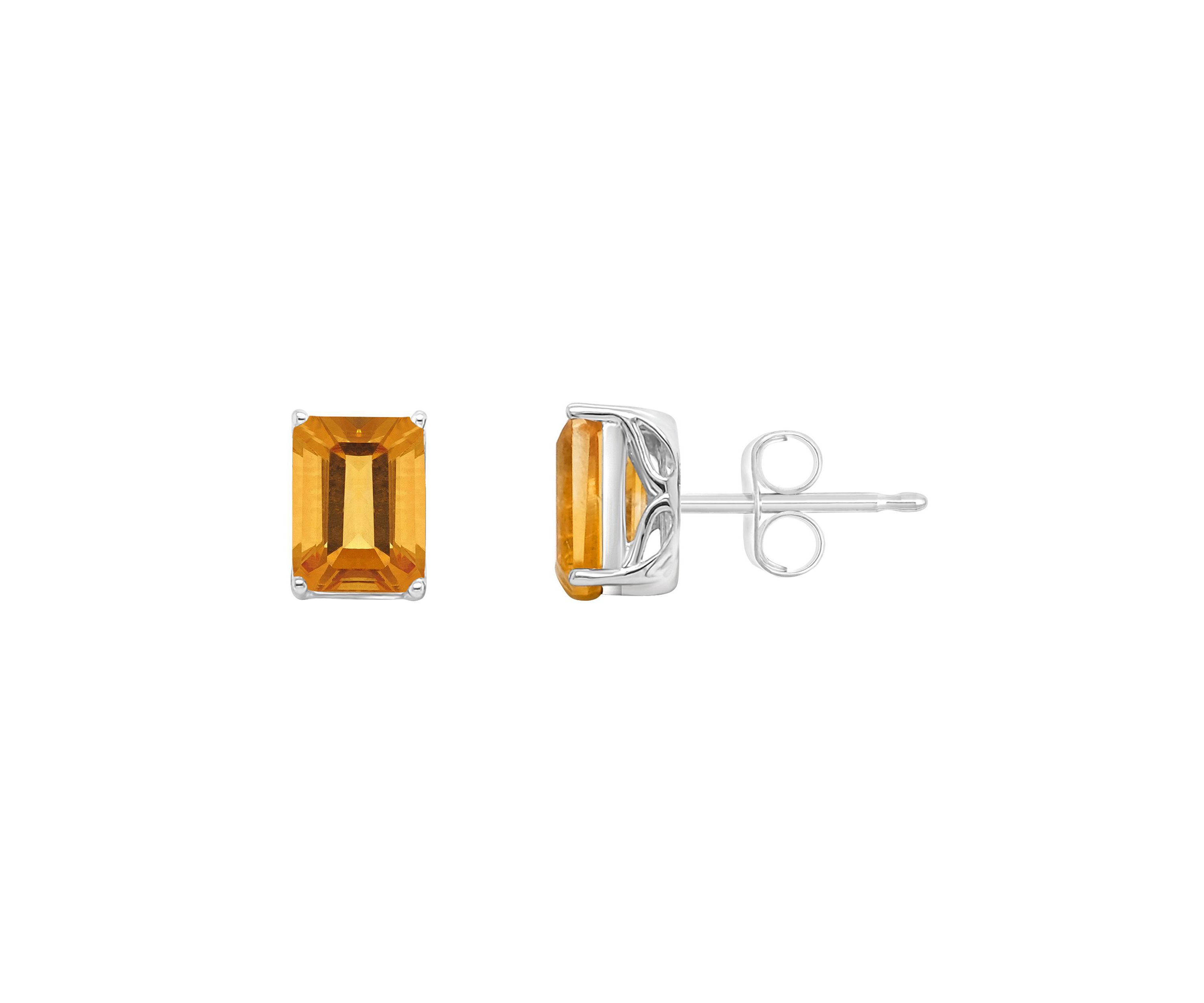 Sterling Silver 8x6mm Emerald Cut Citrine Stud Earrings