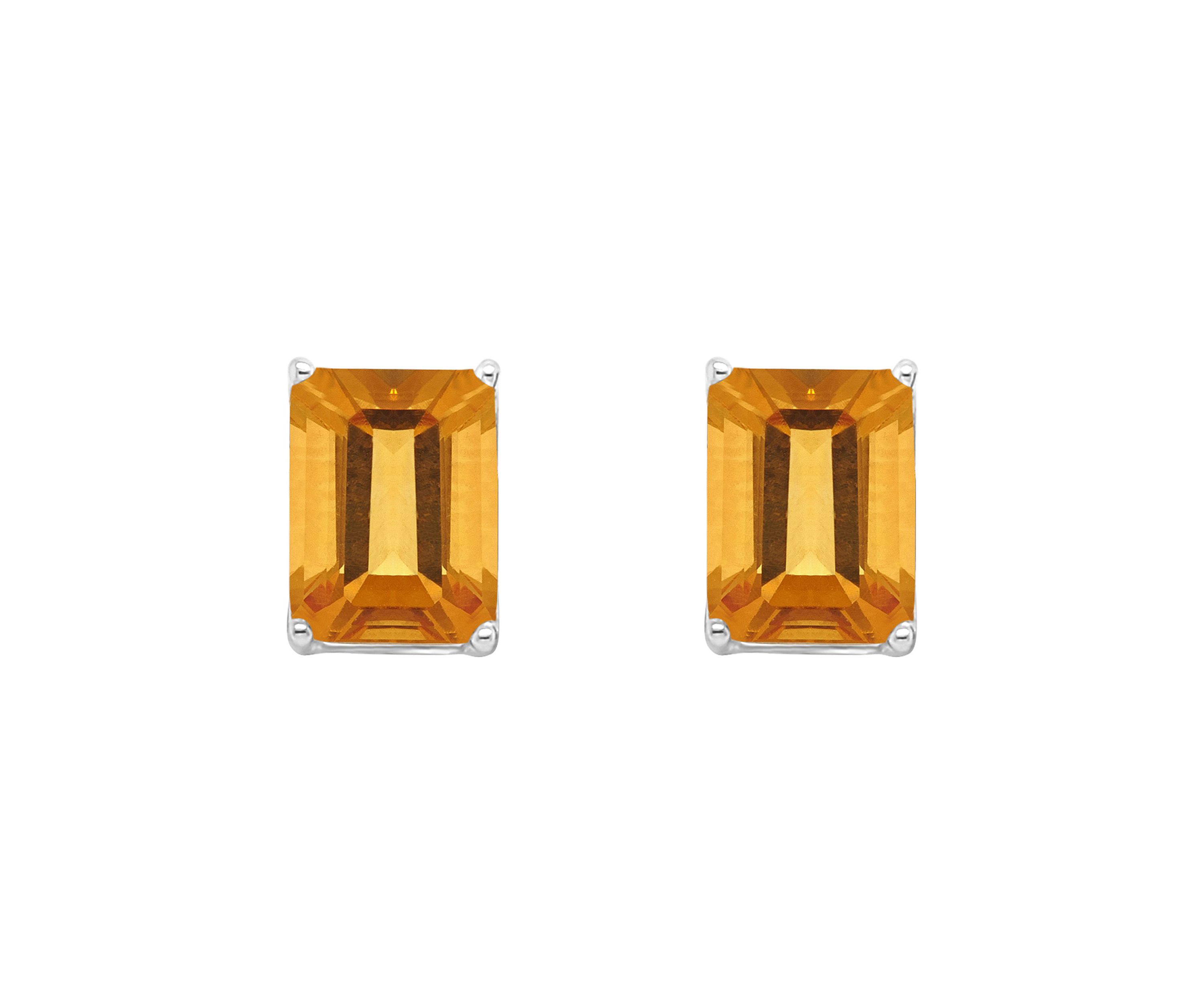 Sterling Silver 8x6mm Emerald Cut Citrine Stud Earrings