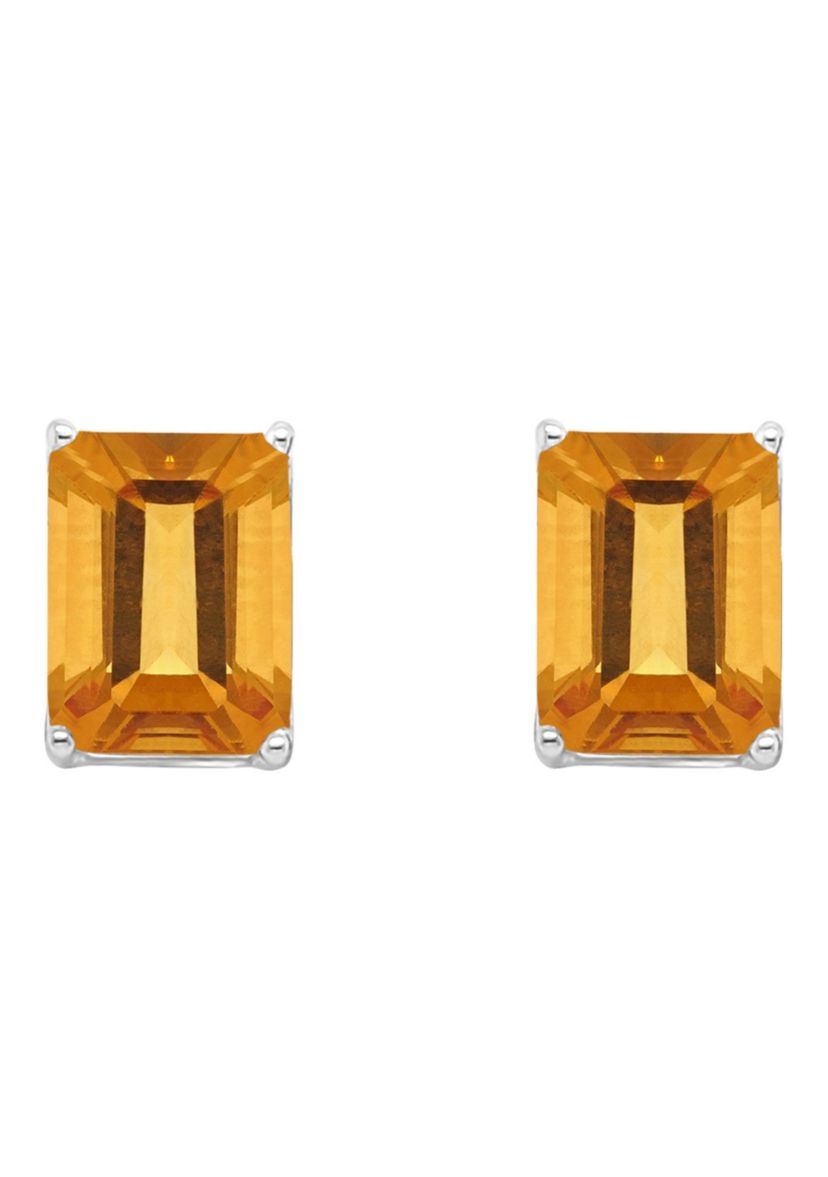Sterling Silver 8x6mm Emerald Cut Citrine Stud Earrings