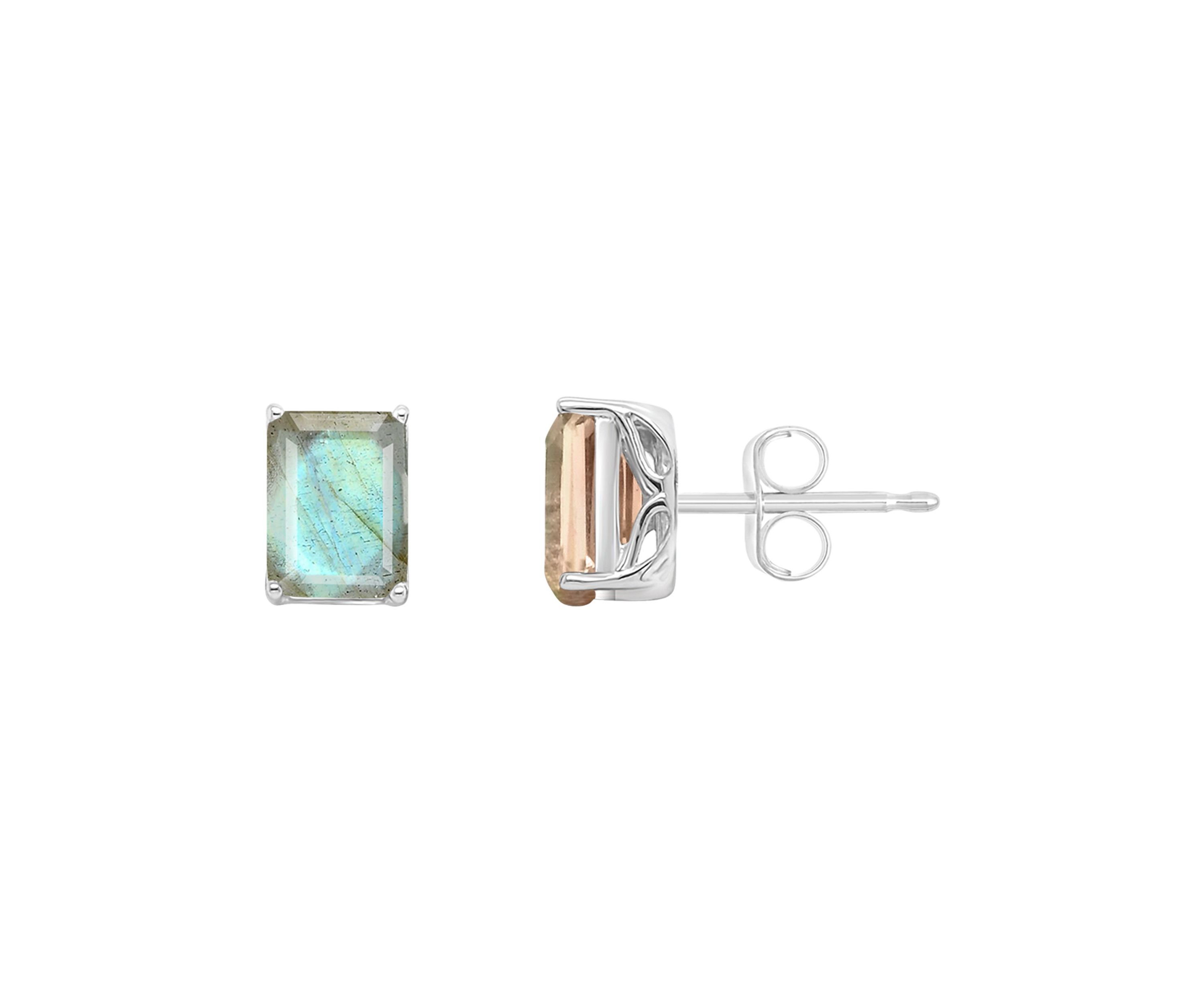 Sterling Silver 8x6mm Emerald Cut Labradorite Stud Earrings