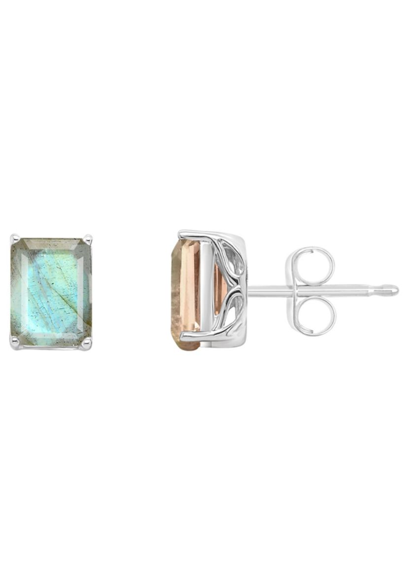 Sterling Silver 8x6mm Emerald Cut Labradorite Stud Earrings