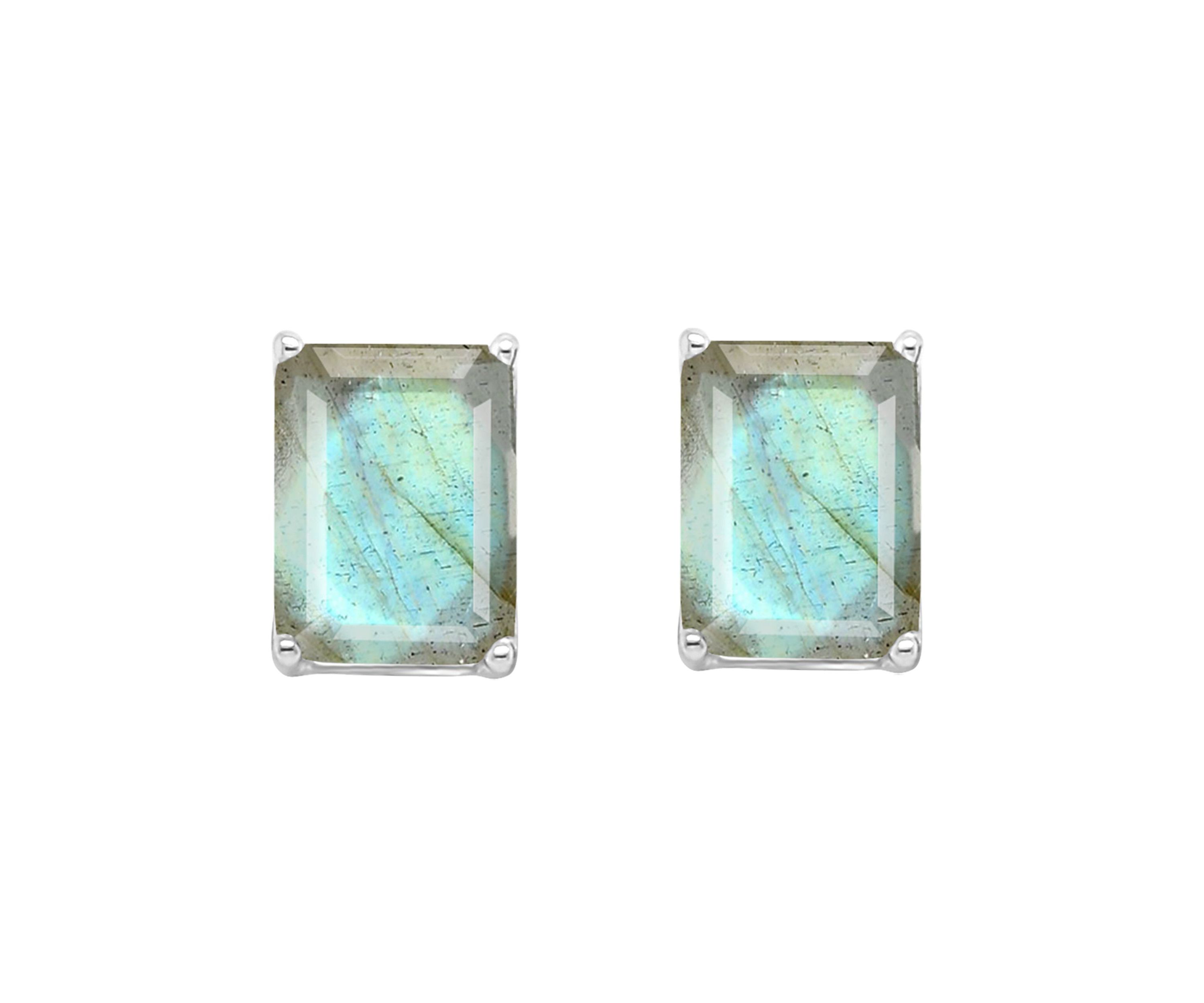 Sterling Silver 8x6mm Emerald Cut Labradorite Stud Earrings