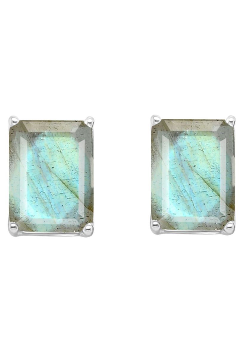 Sterling Silver 8x6mm Emerald Cut Labradorite Stud Earrings