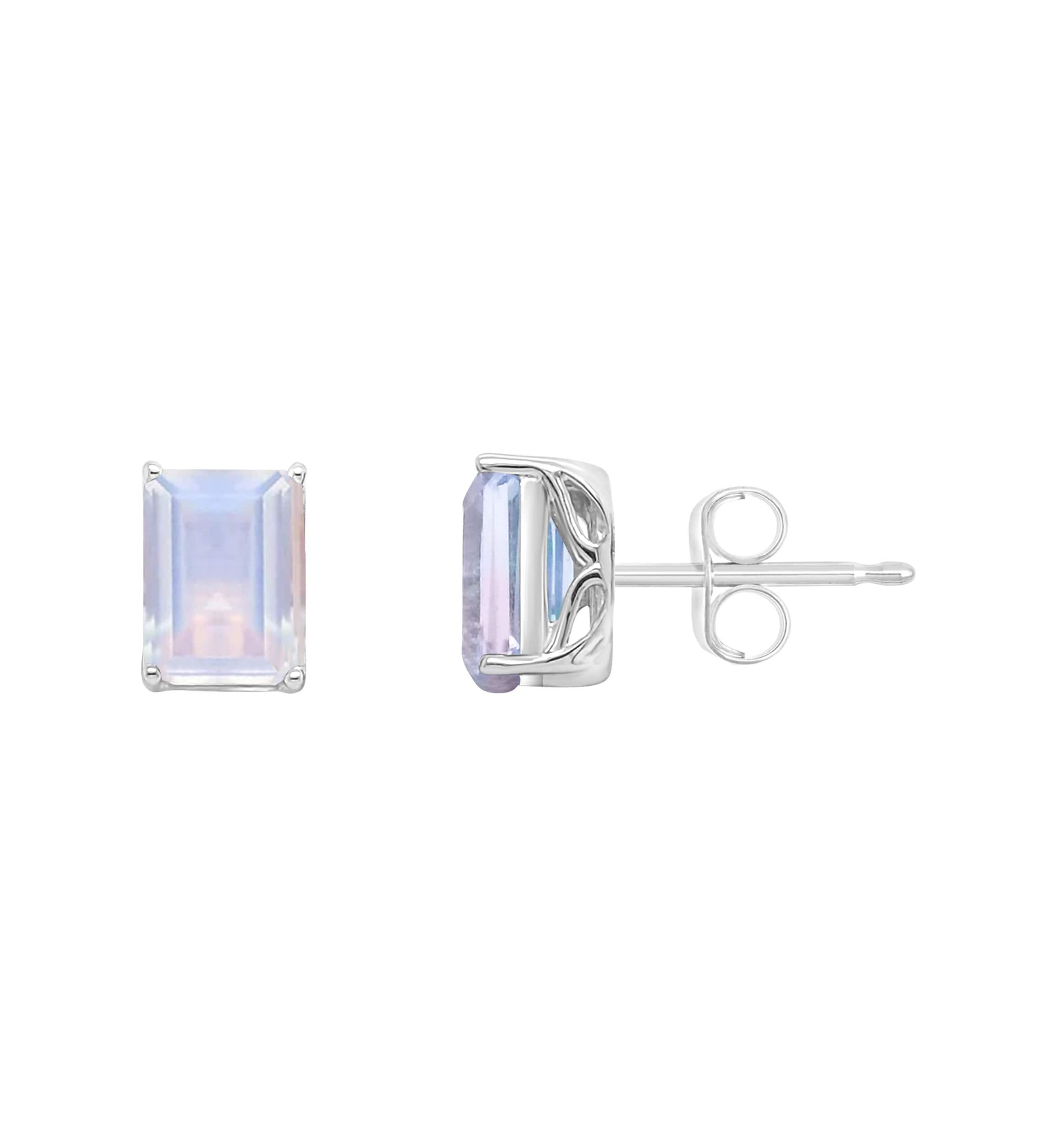 Sterling Silver 8x6mm Emerald Cut Moonstone Stud Earrings