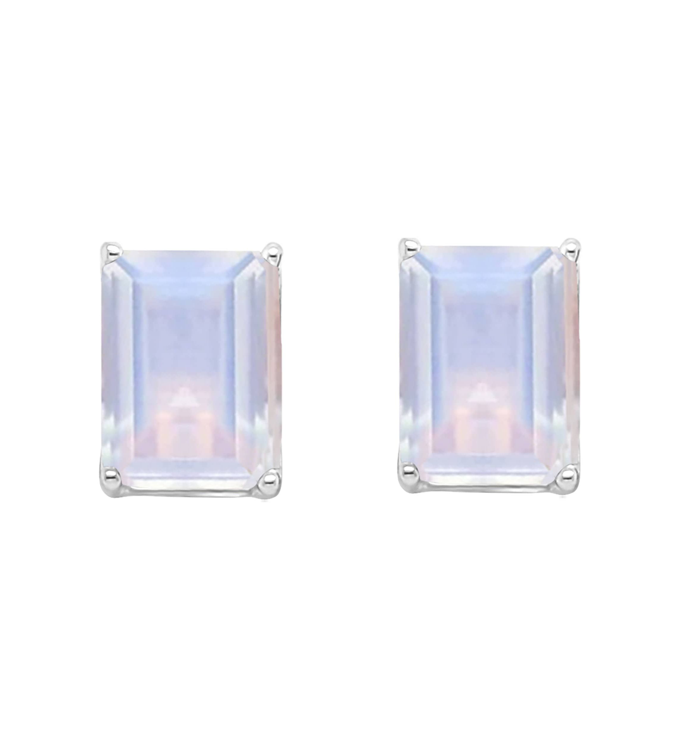 Sterling Silver 8x6mm Emerald Cut Moonstone Stud Earrings